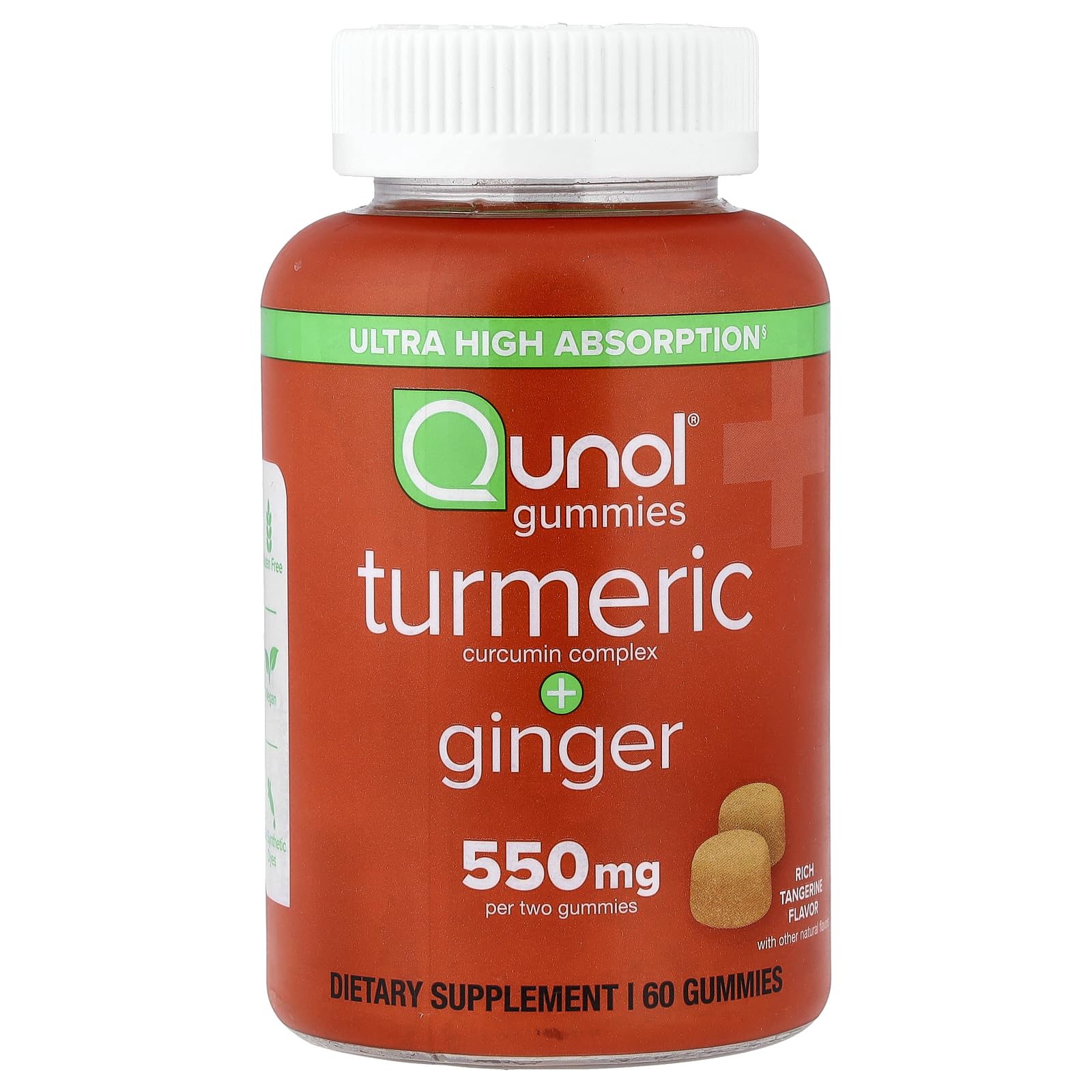 Qunol Turmeric Curcumin & Ginger Gummy, 550mg Enhanced Absorption 60ct | Delicious Vegan & Gluten Free Supplement that Supports Joint Health and Healthy Inflammation Response, Rich Tangerine Flavor