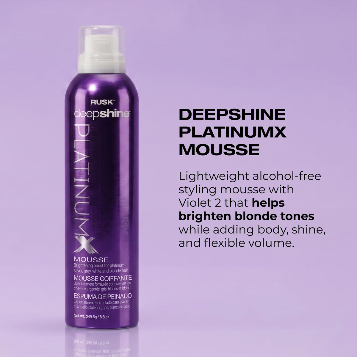 RUSK Deepshine PlatinumX Mousse, Lightweight, Alcohol-Free, for Platinum, Blonde, Gray, and Silver Hair, Enhances Body and Volume While Restoring Haircolor, 8.8 oz