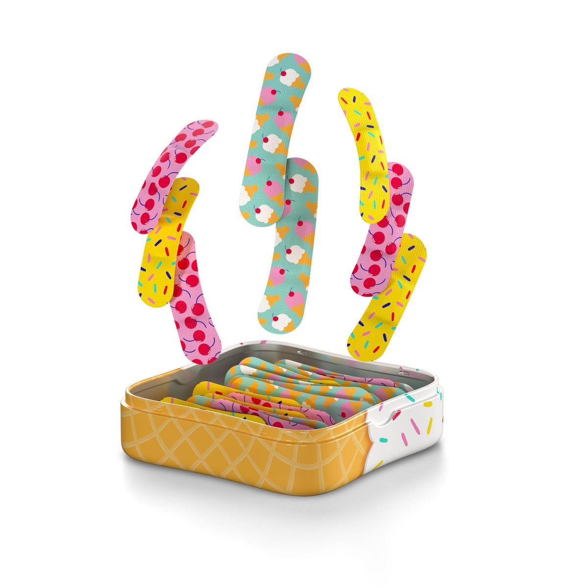 Welly Bandages | Adhesive Flexible Fabric Bravery Badges | Assorted Shapes for Minor Cuts, Scrapes, and Wounds | Colorful and Fun First Aid Tin | Ice Cream Patterns - 48 Count