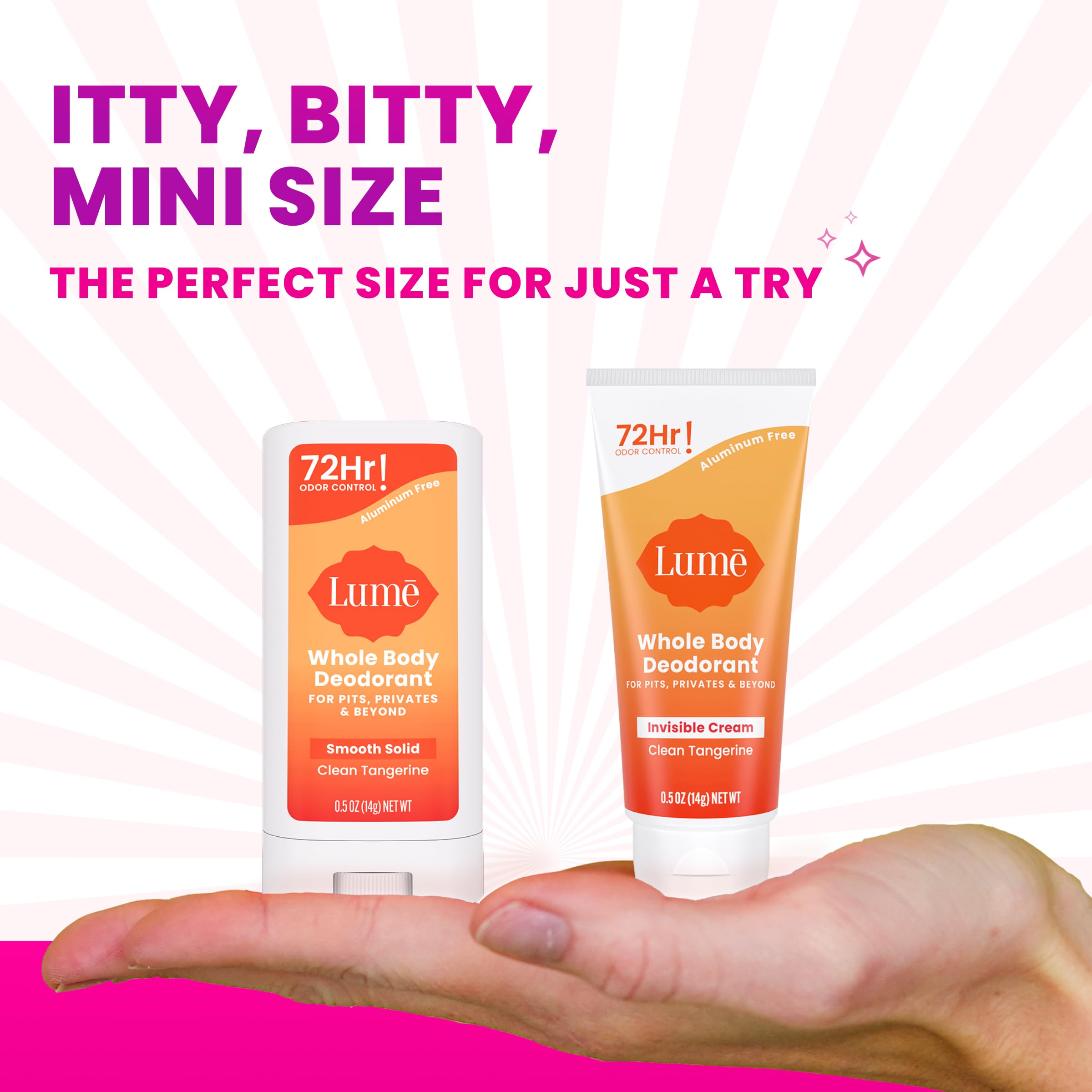 Lume Whole Body Deodorant - Cream + Solid Stick Mini Bundle 0.5oz Tangerine | 72 Hour Odor Control Aluminum Free Baking Soda Travel Trial Size Minis deodorant lotion women