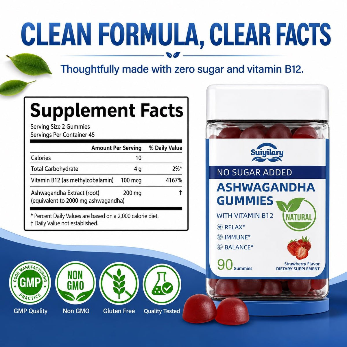 Suiyilary Ashwagandha Gummies 2000mg, Ashwagandha High Strength Root Extract Supplement with Vitamin B12 for Men Women, Strawberry Flavour 45 Days Supply 90 Gummies