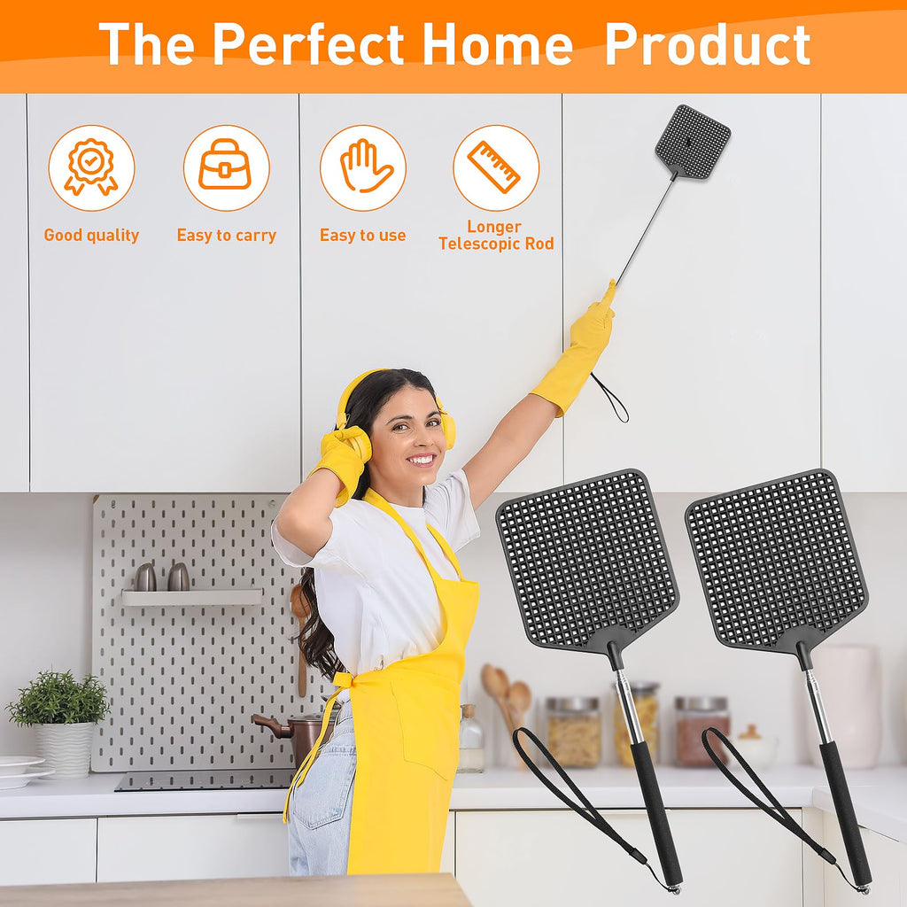 HDAJY Telescopic Fly Swatters 2 Pack, Premium Plastic Flyswatter, Fly Swatter Heavy Duty for Indoor, Outdoor, Classroom, Stainless Steel Handle（Black）