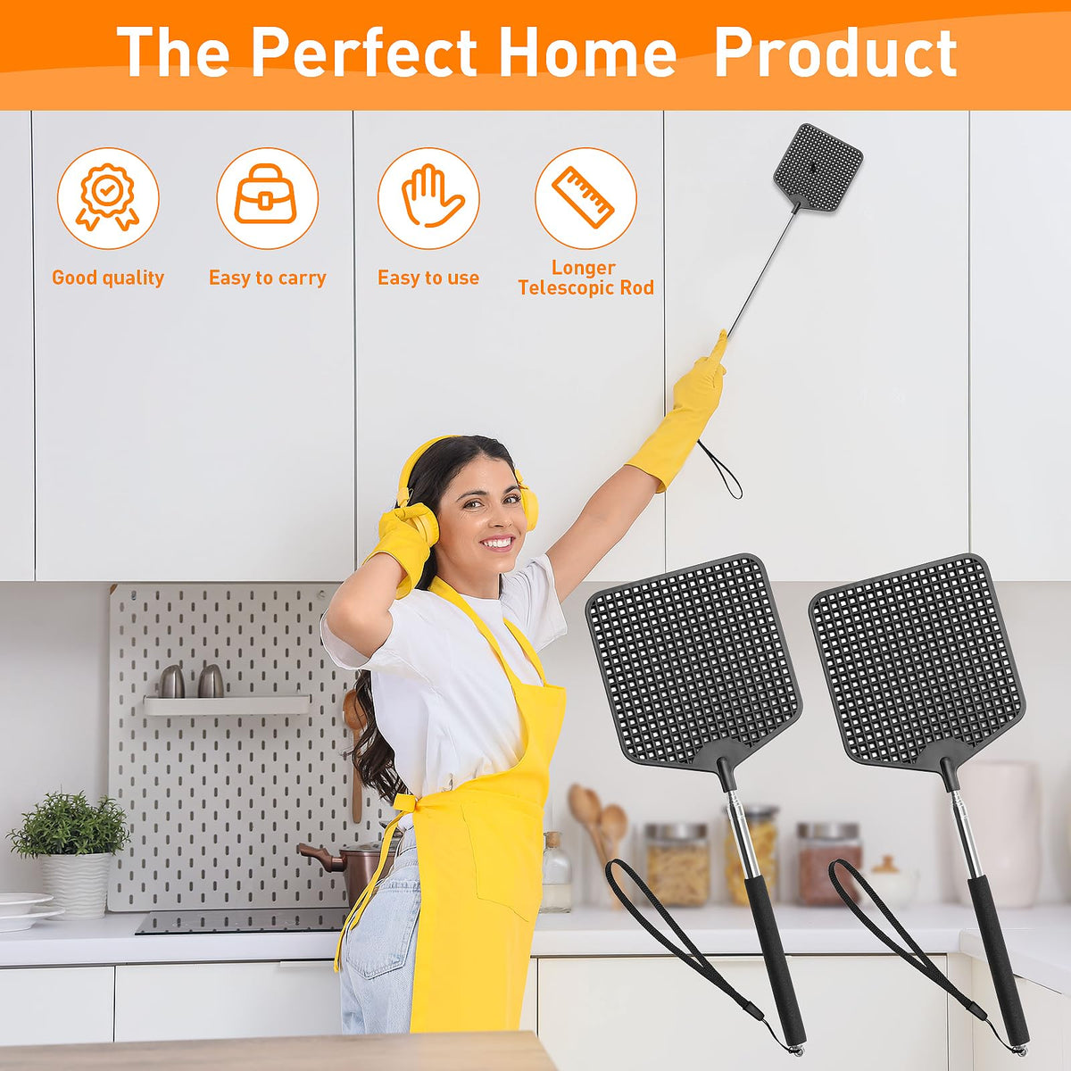 HDAJY Telescopic Fly Swatters 2 Pack, Premium Plastic Flyswatter, Fly Swatter Heavy Duty for Indoor, Outdoor, Classroom, Stainless Steel Handle（Black）