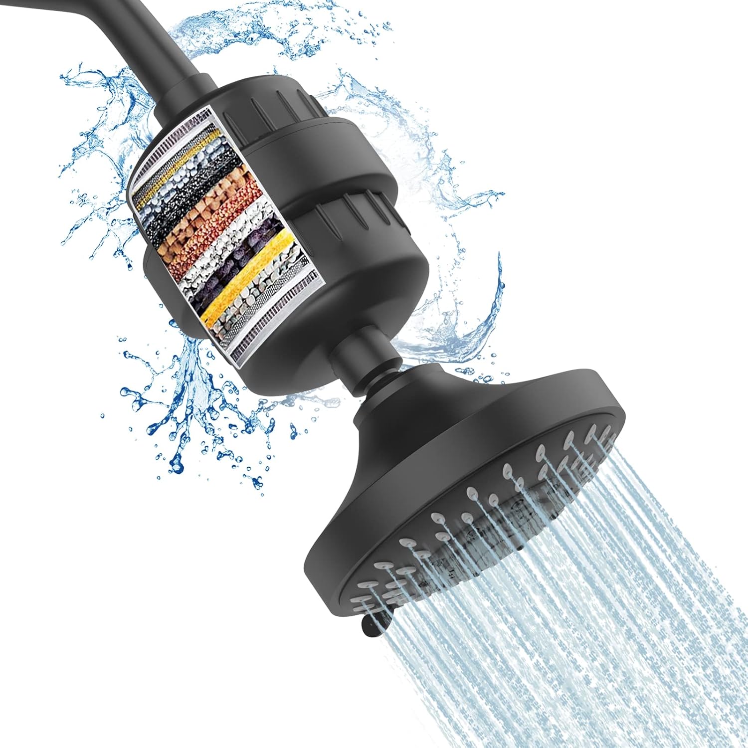 Buy now FEELSO Shower Head and 15 Stage Shower Filter Combo, High Pressure 5 Spray Settings Filtered Showerhead with Water Softener Filter Cartridge for Hard Water Remove Chlorine and Harmful Substances Matte Black at indiglob india