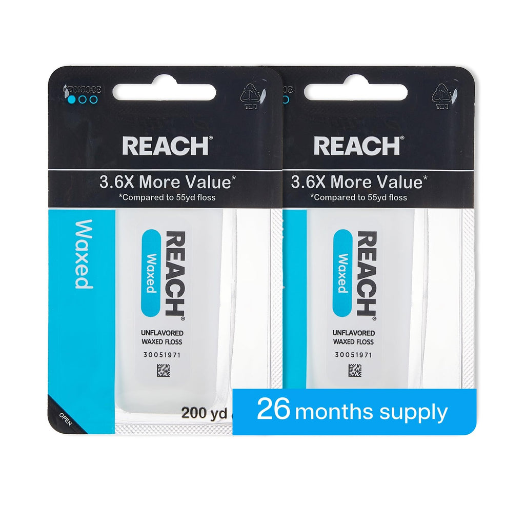 REACH Waxed Dental Floss, Unflavored, 3.6X More Value, Plaque Remover for Teeth, Shred Resistant, Floss Slides Smoothly, Easy to Use, Waxed, Oral Care, PFAS Free, for Adults & Kids, 2 Pack, 200 yd
