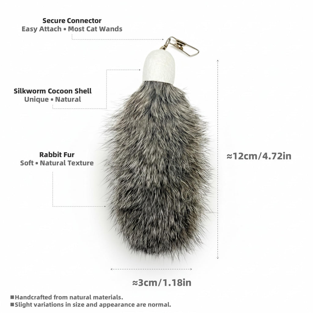 2 Pack Natural Rabbit Fur Cat Toy Refills – Silent Interactive Cat Toys for Indoor Cats, Handmade Replacement Heads with Secure Connector for Cat Wand Toys