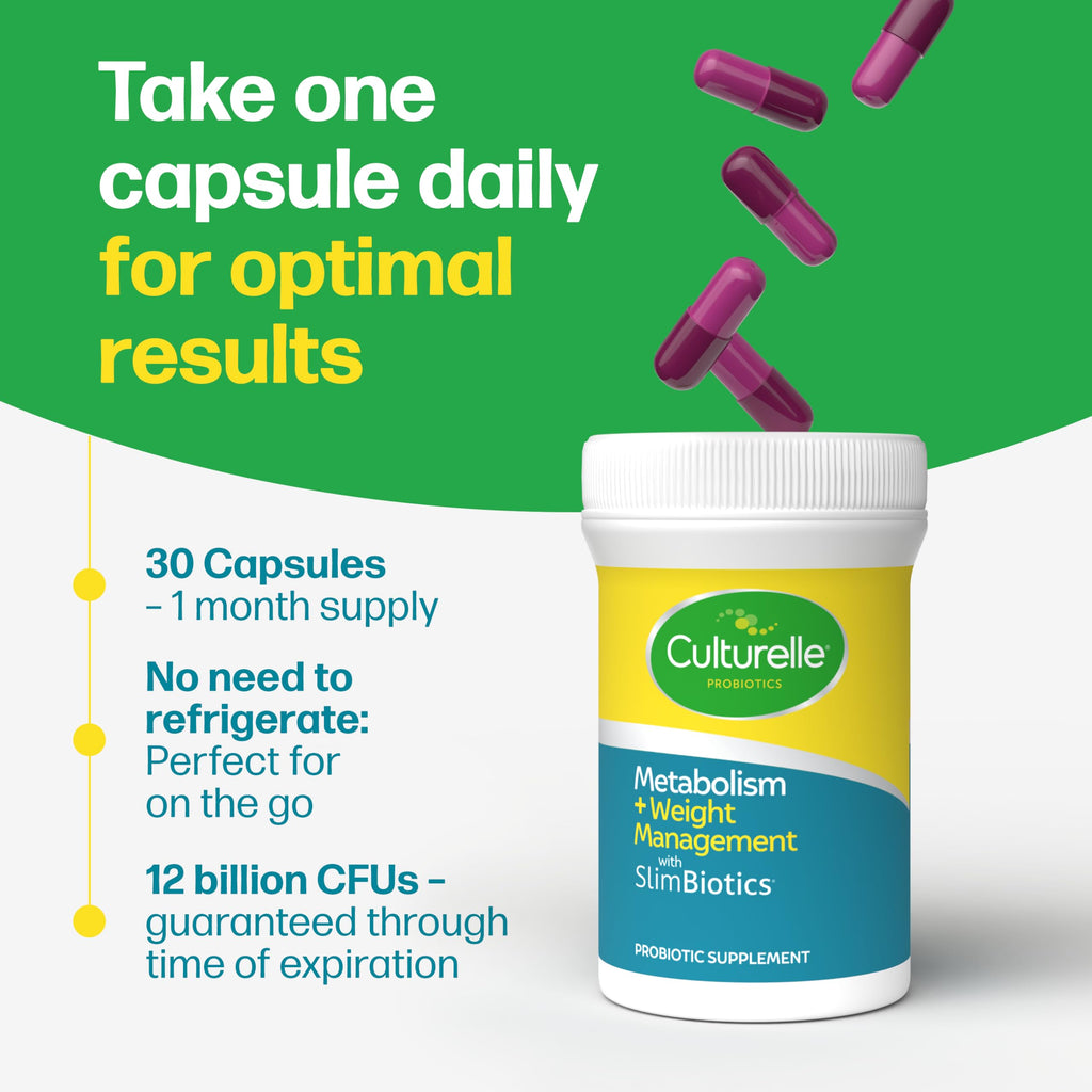 Culturelle Metabolism + Weight Management with SlimBiotics® Probiotic 30 Ct | 12 billion CFUs, Multi-Strain Probiotic Blend, Vitamins B6 & B12, Supports Gut Microbiome*, Once-Daily Capsules