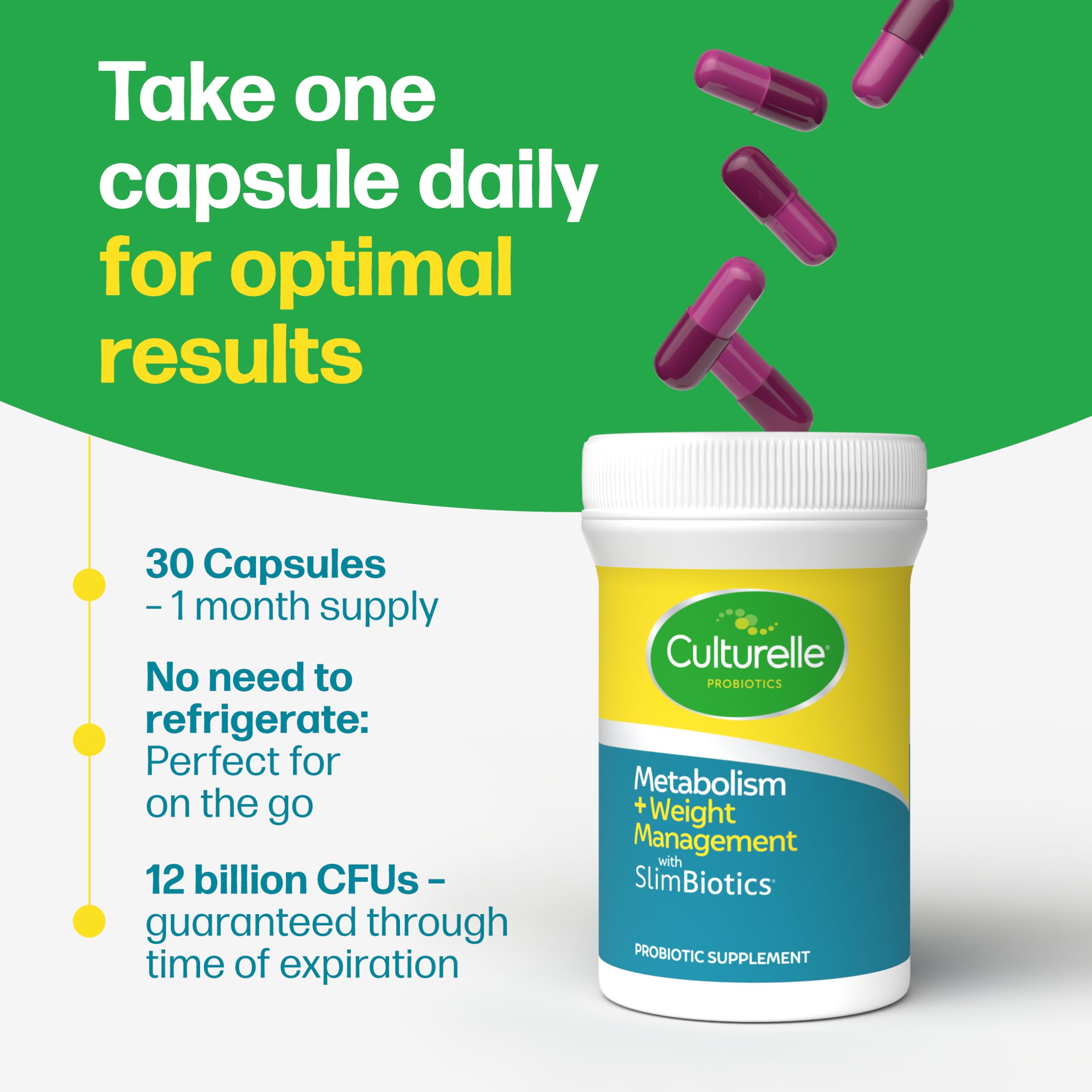 Culturelle Metabolism + Weight Management with SlimBiotics® Probiotic 30 Ct | 12 billion CFUs, Multi-Strain Probiotic Blend, Vitamins B6 & B12, Supports Gut Microbiome*, Once-Daily Capsules