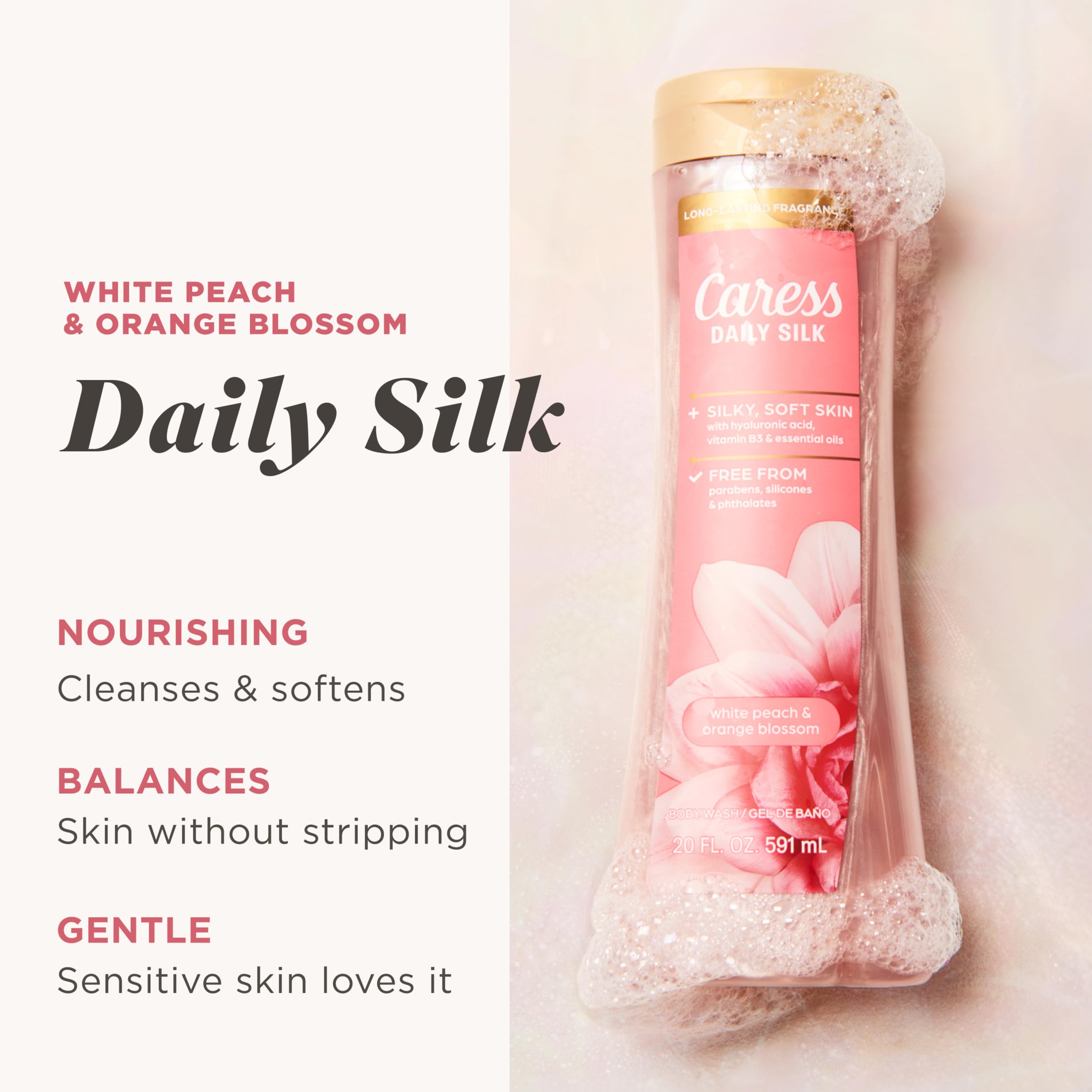 Caress Body Wash for Women, Daily Silk White Peach & Orange Blossom, Shower Gel Body Wash Moisturizing for Noticeably Silky, Soft Skin, 20 fl oz, 4 Pack