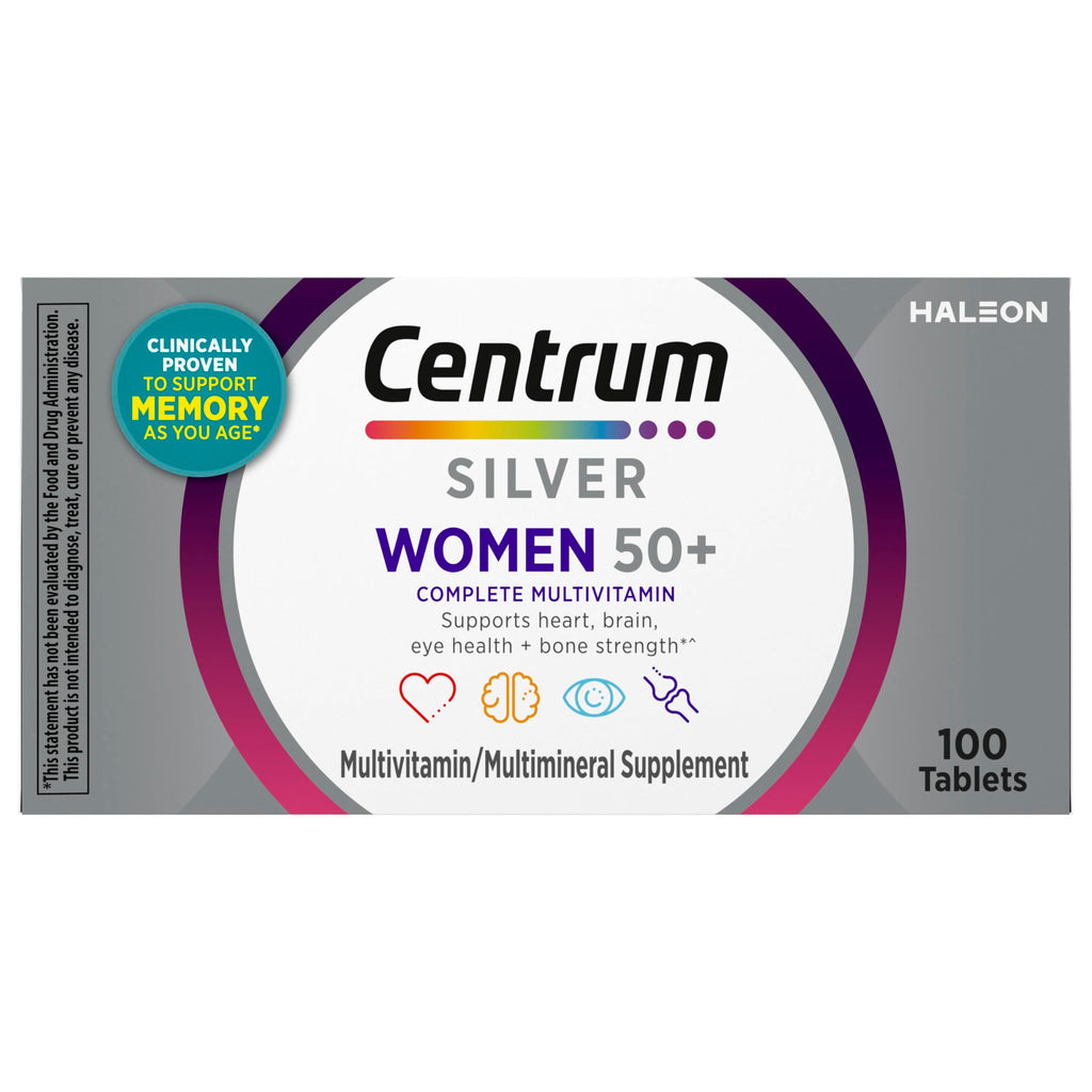 Centrum Silver Women's Multivitamin for Women 50 and Over, 100 Tablets | Contains Vitamin D3, B Vitamins, Calcium, and Antioxidants, Non-GMO Ingredients, Supports Memory and Cognition, GLP-1 Support