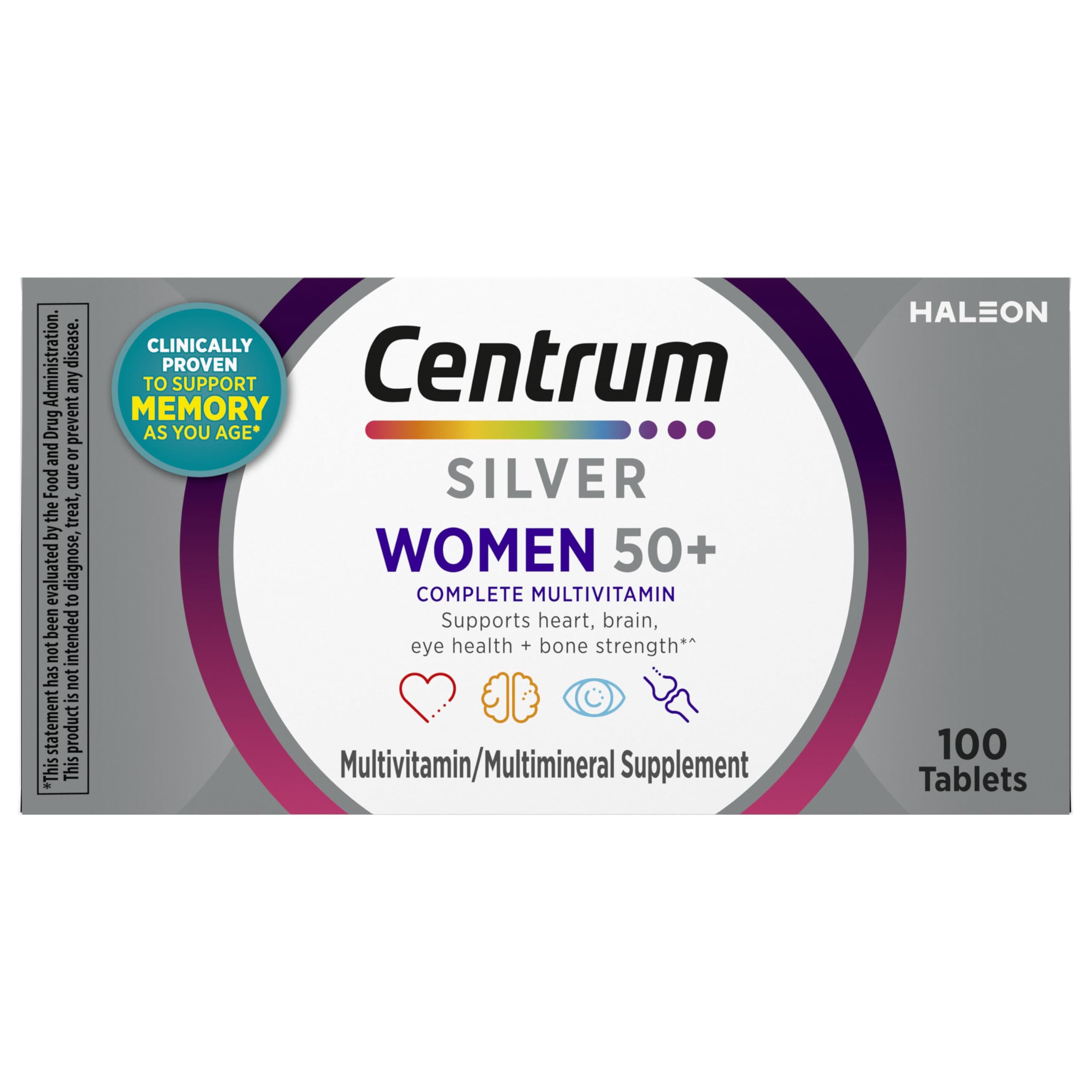 Centrum Silver Women's Multivitamin for Women 50 and Over, 100 Tablets | Contains Vitamin D3, B Vitamins, Calcium, and Antioxidants, Non-GMO Ingredients, Supports Memory and Cognition, GLP-1 Support