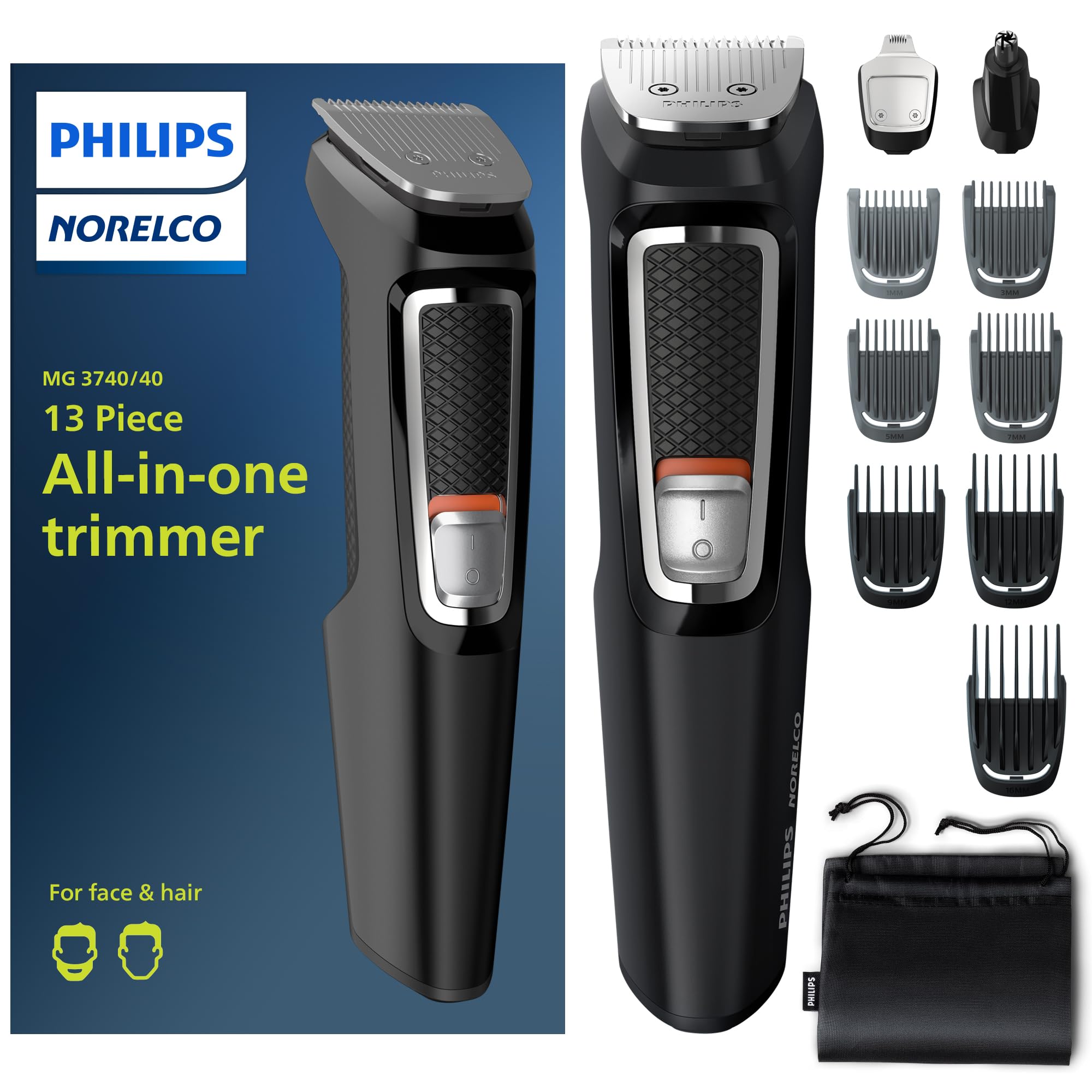 Norelco Philips All-in-One 3000 13-in-1 Trimmer, Face & Hair, Steel Blades | Beard Styler, Nose & Detail Trimmer, Hair Clipper, Self-Sharpening Blades, 8 lengths, 60-Min Runtime, Rinseable, MG3939/50