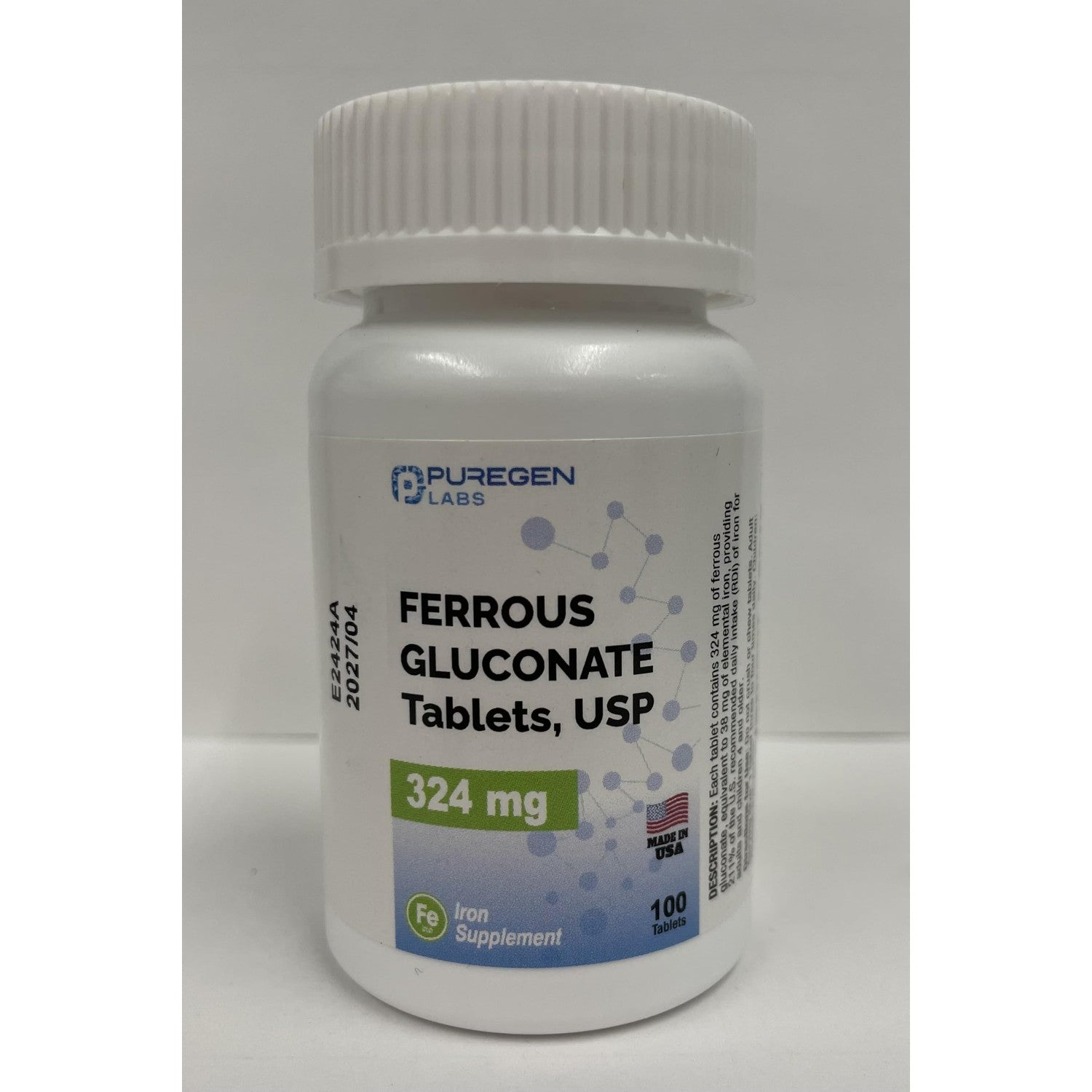 Puregen Labs Ferrous Gluconate 324 mg [High Potency] Iron Supplement, Gentle on Stomach - 100 Tablets