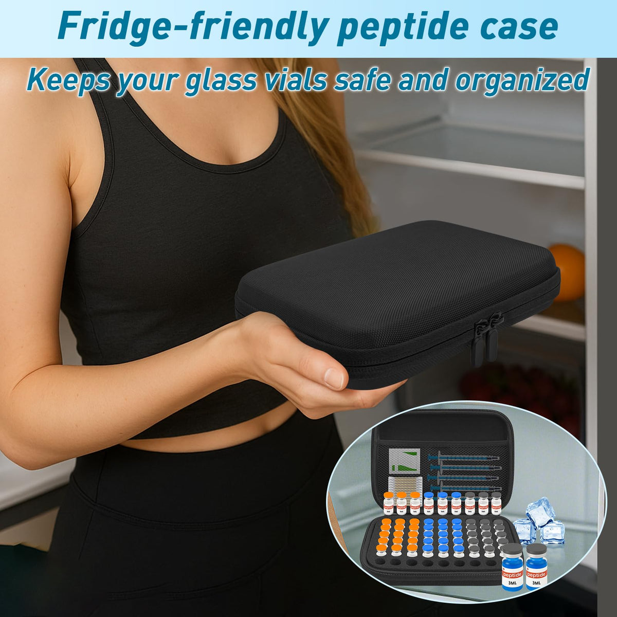 3ML Peptide Case – 63-Slot Peptide Organizer with Mesh Pocket, Fits 3ml Bottles, Peptide Storage Case for Fridge (Bag Only)