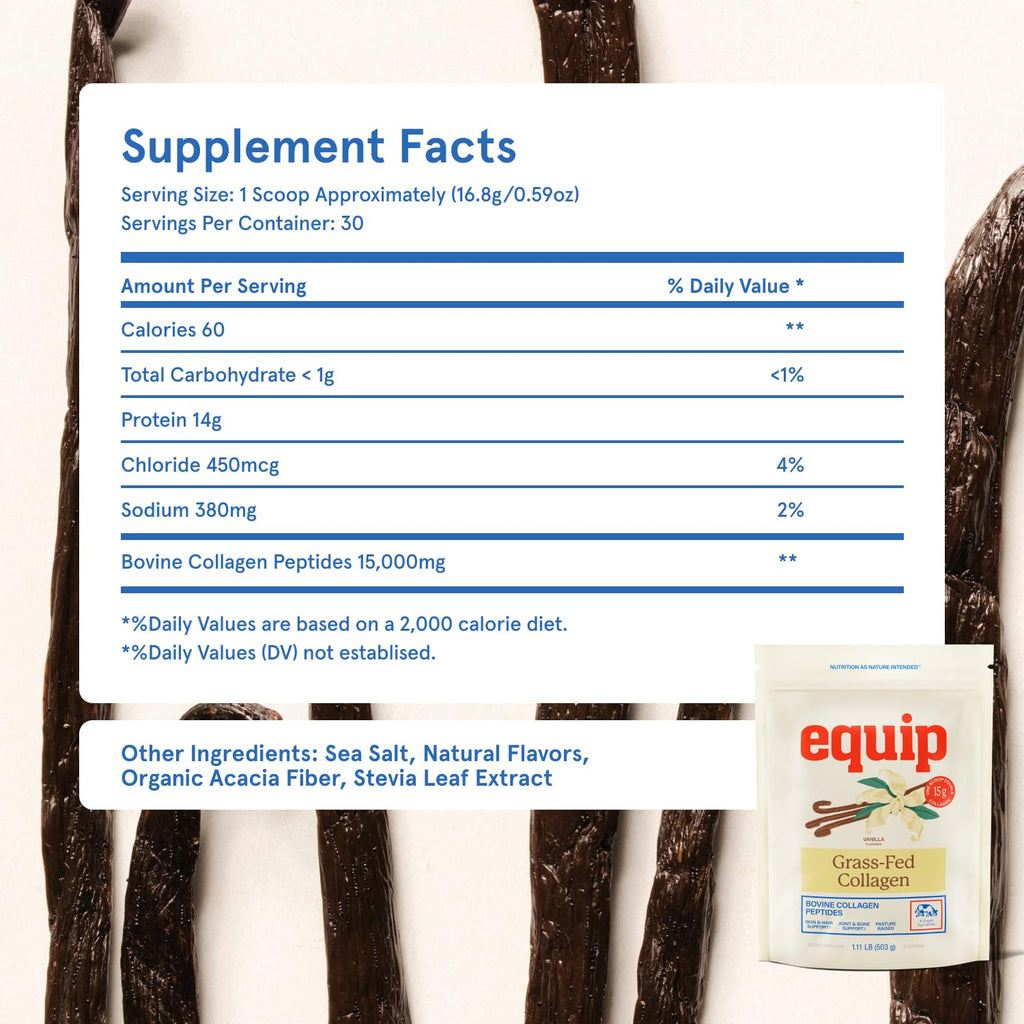 Equip Grass-Fed Hydrolyzed Collagen Powder - Pasture-Raised Bovine Collagen Peptides Powder - 14g Per Scoop - Clean, Daily Supplement for Joints, Gut, Skin, Hair & Nails - Vanilla (30 Scoops)