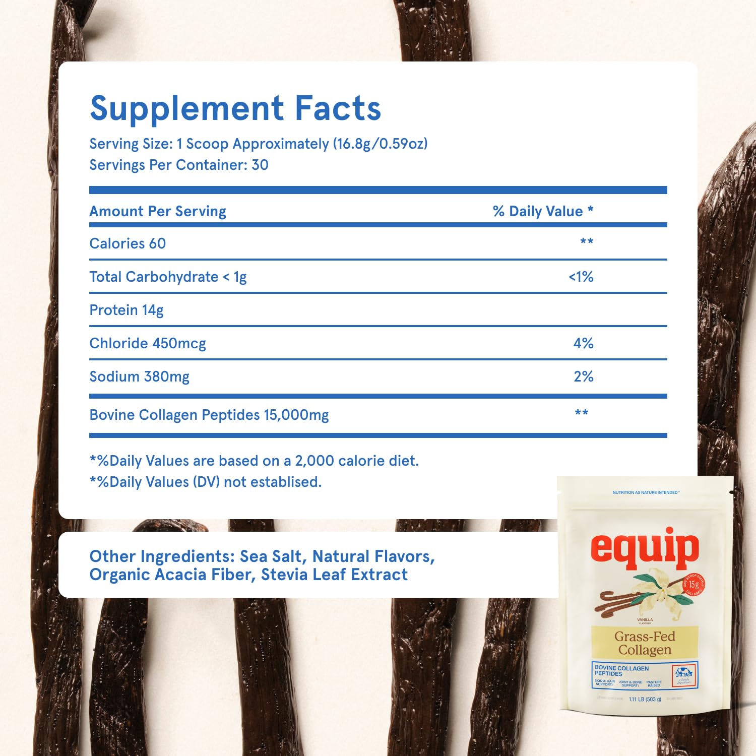 Equip Grass-Fed Hydrolyzed Collagen Powder - Pasture-Raised Bovine Collagen Peptides Powder - 14g Per Scoop - Clean, Daily Supplement for Joints, Gut, Skin, Hair & Nails - Vanilla (30 Scoops)