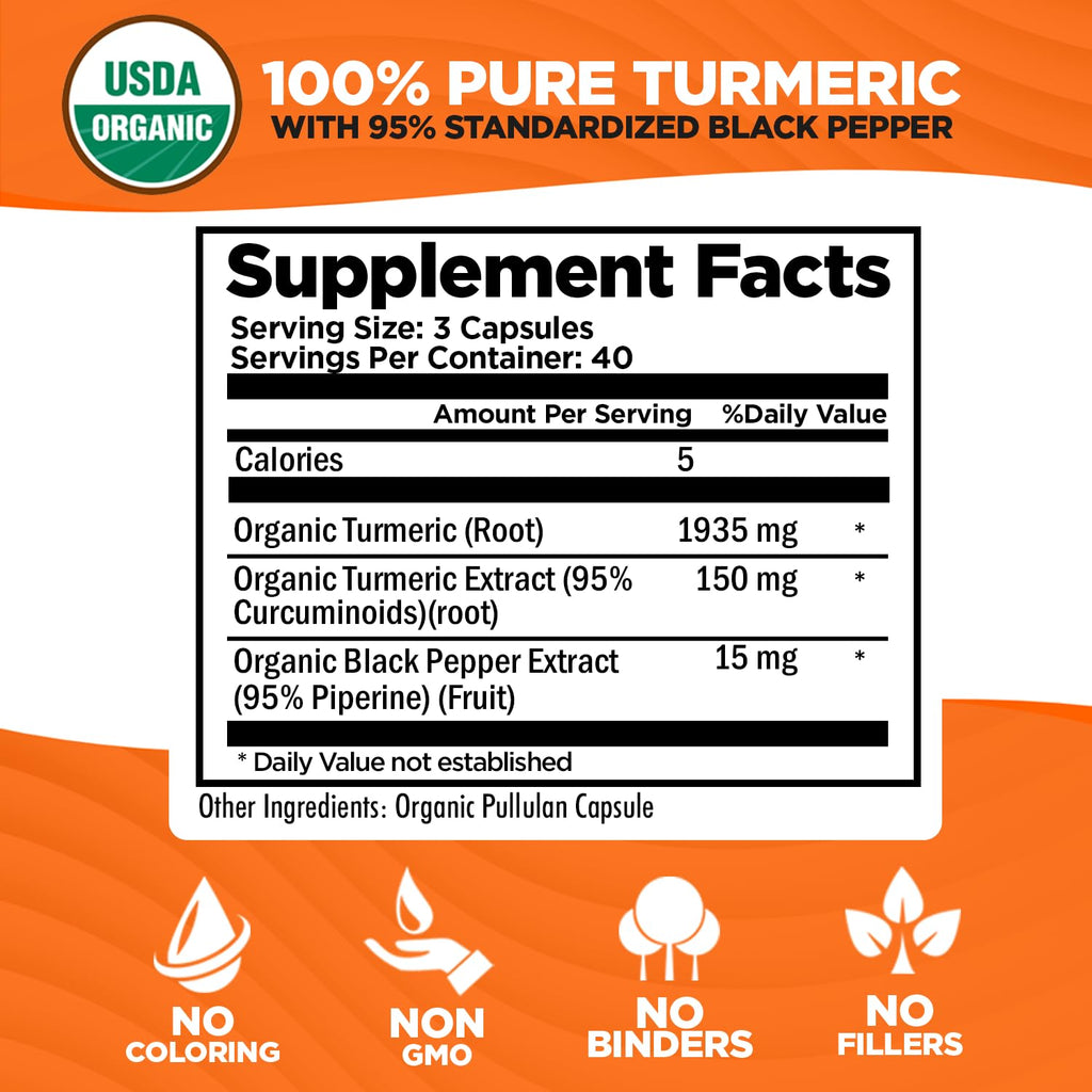 Organic Turmeric Curcumin with Black Pepper Extract 2000mg - High Absorption Ultra Potent Supplement - 95% Curcuminoids - Vegan, Non GMO - 120 Capsules