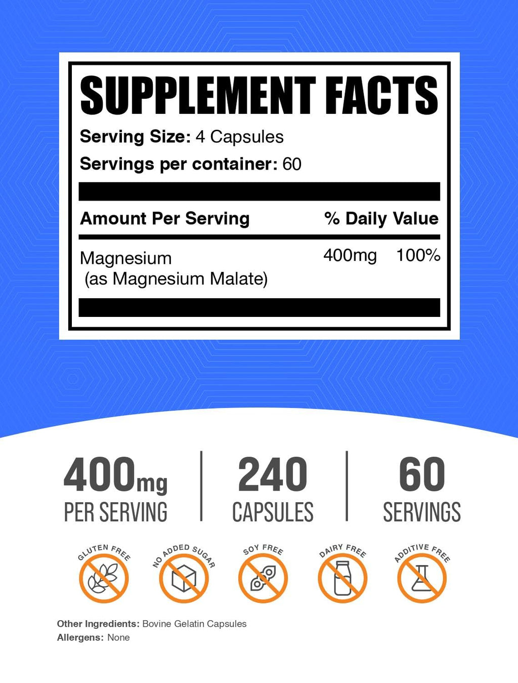 BulkSupplements.com Magnesium Malate Capsules - Magnesium Supplement, Magnesium Malate 400mg - Essential & Gluten Free, 4 Capsules per Serving, 240 Count (Pack of 1)
