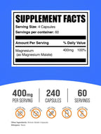 BulkSupplements.com Magnesium Malate Capsules - Magnesium Supplement, Magnesium Malate 400mg - Essential & Gluten Free, 4 Capsules per Serving, 240 Count (Pack of 1)