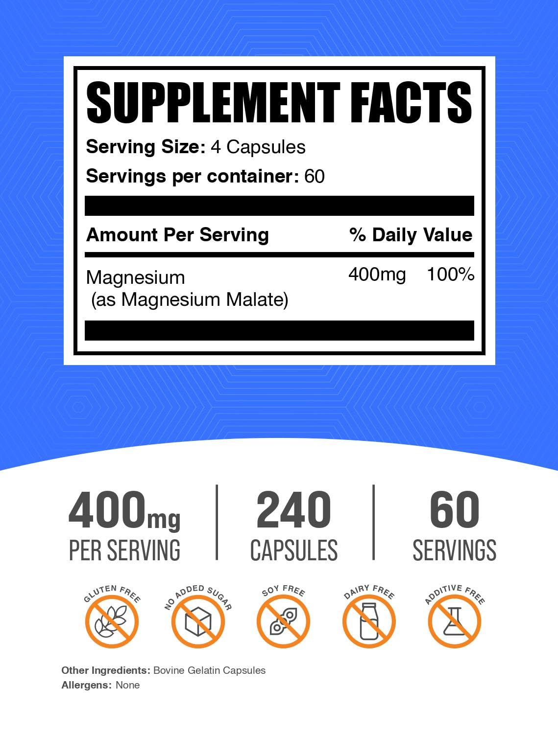 BulkSupplements.com Magnesium Malate Capsules - Magnesium Supplement, Magnesium Malate 400mg - Essential & Gluten Free, 4 Capsules per Serving, 240 Count (Pack of 1)