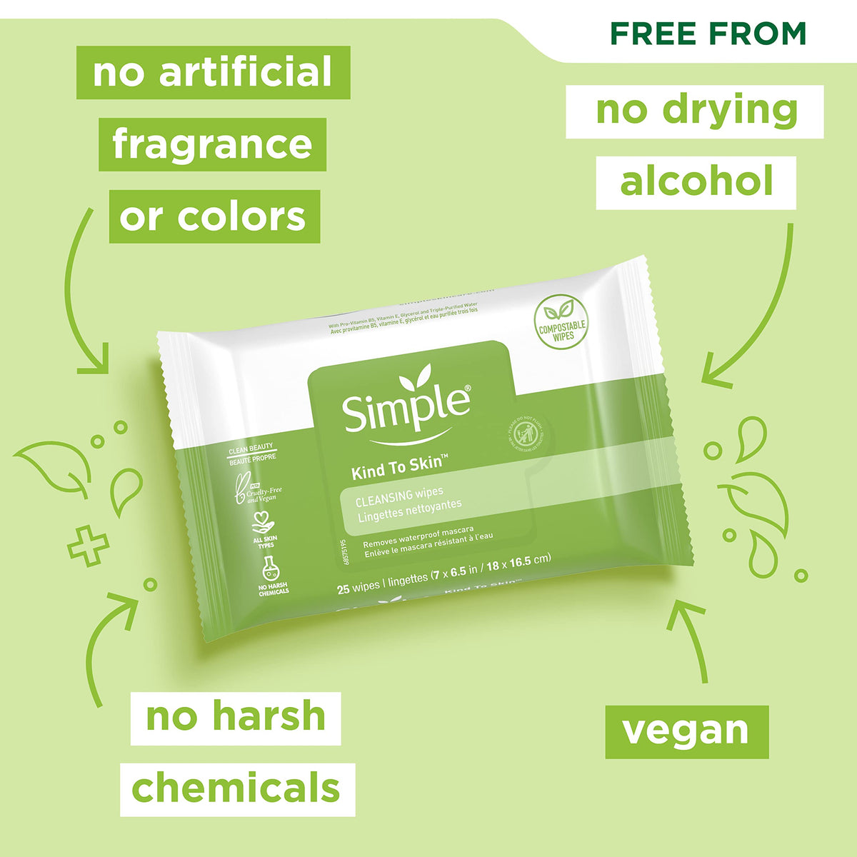 Simple Kind to Skin Facial Wipes Gentle and Effective Makeup Remover Cleansing Free from color and dye, artificial perfume and harsh chemicals 25 Wipes