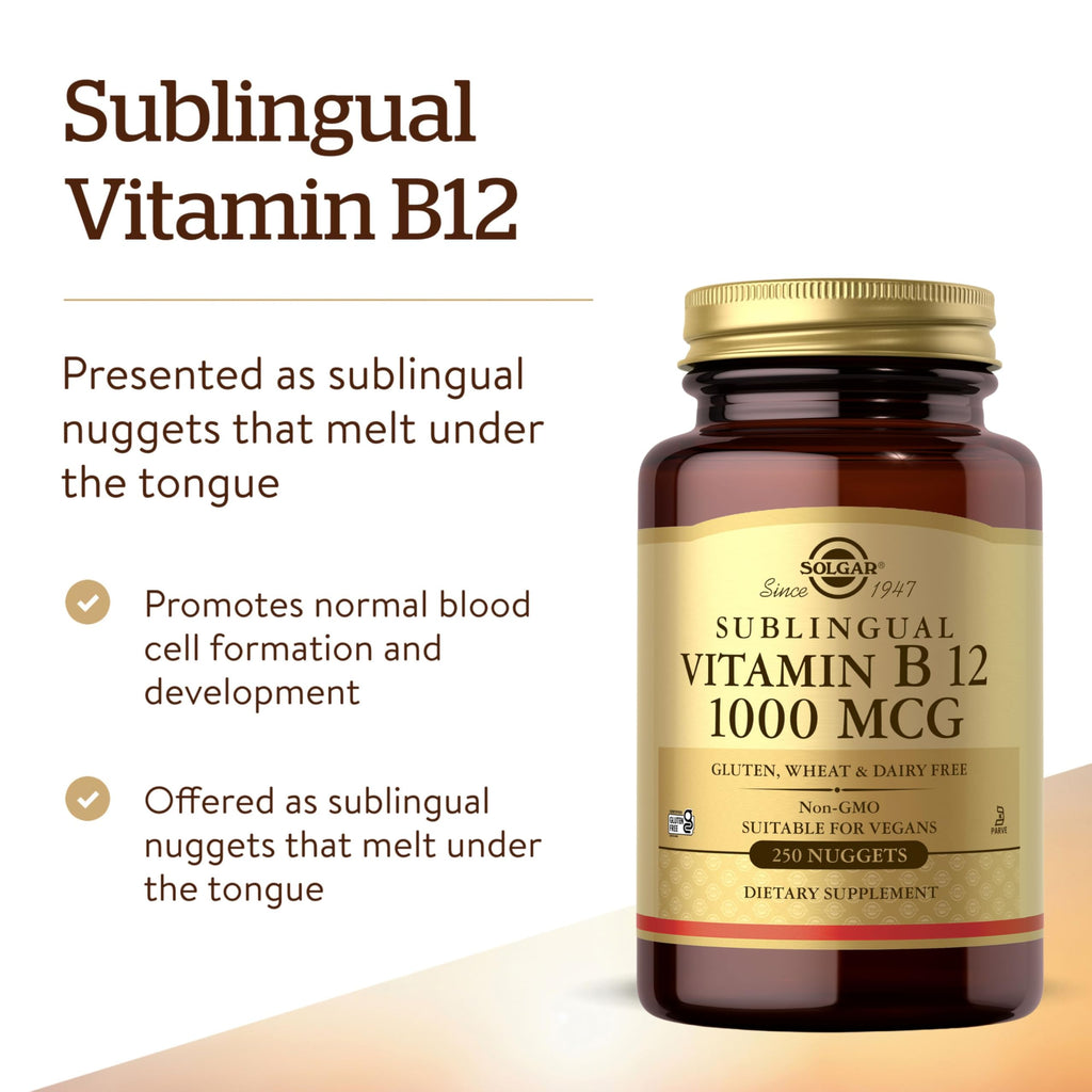 Solgar Vitamin B12 1000 mcg, 250 Nuggets - Supports Production of Energy, Red Blood Cells - Healthy Nervous System - Promotes Cardiovascular Health - Vitamin B - Non-GMO, Gluten Free - 250 Servings