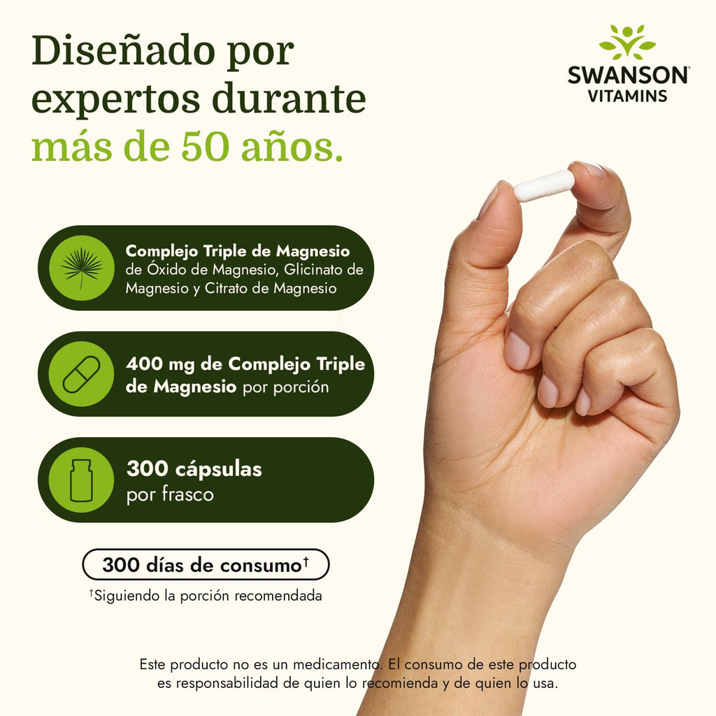 Swanson Triple Magnesium Complex 400 mg, 300 Vegan Capsules | Three Forms of Magnesium for Nerve, Muscle and Bone Health, Optimal Absorption and Healthy Stress Response