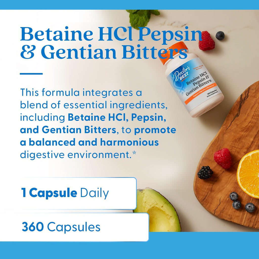 Buy now Doctor's Best Betaine HCI Pepsin & Gentian Bitters, Digestive Enzymes for Protein Breakdown & Absorption, Non-GMO, Gluten Free, 360 Count (Pack of 1) at indiglob india