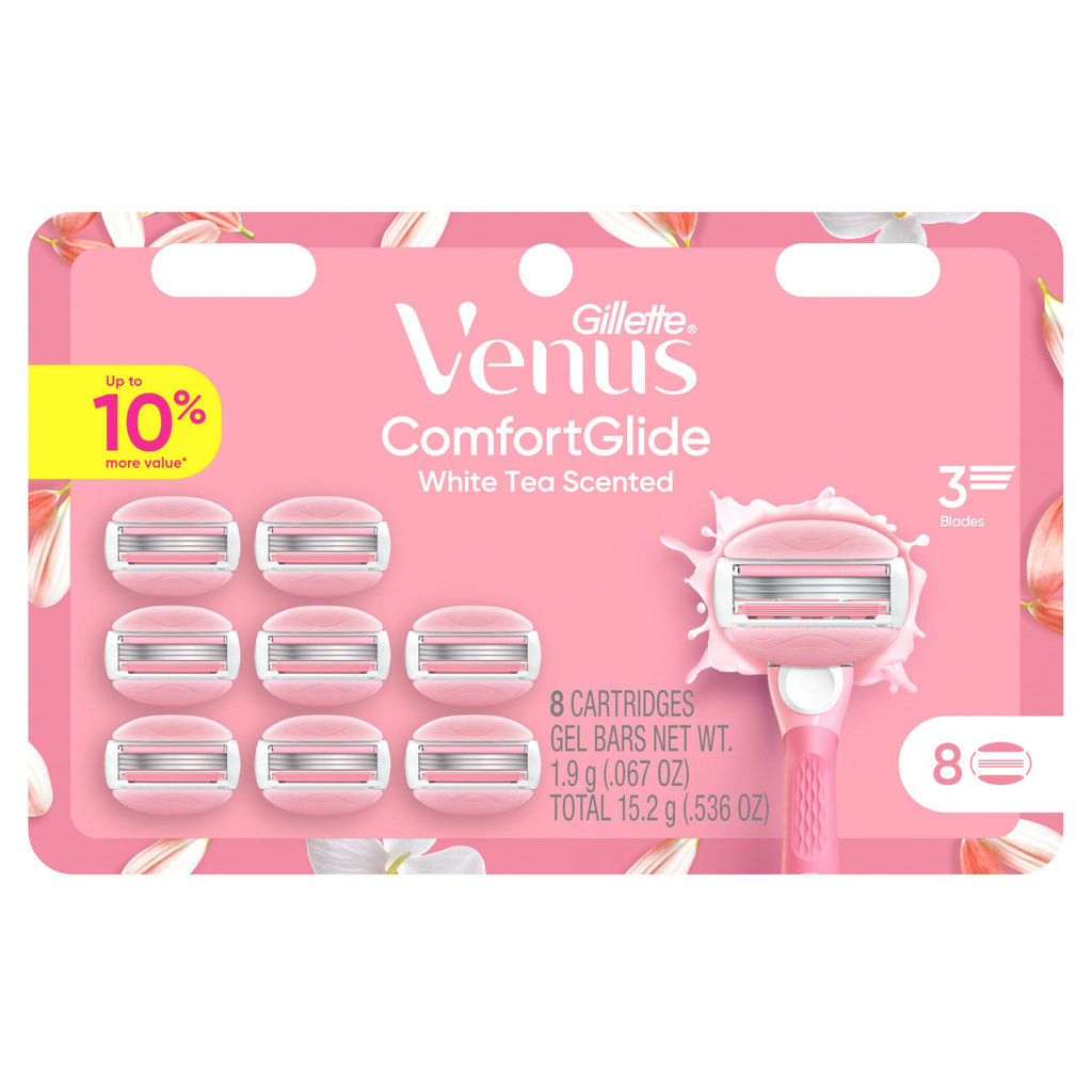 Venus ComfortGlide White Tea Women's Razor Blades, with Built-in Shave Gel Bars, 8 Razor Blade Refills