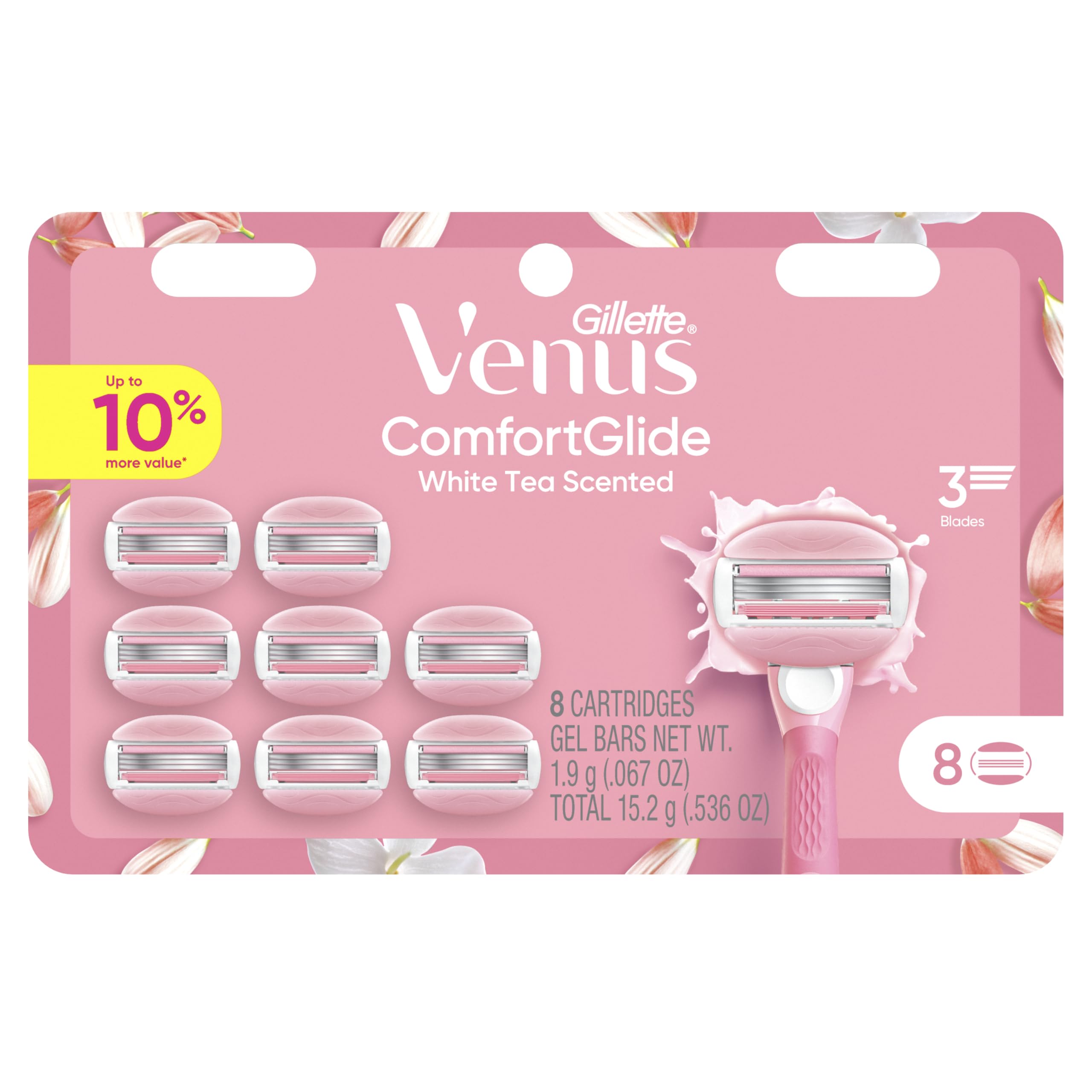 Venus ComfortGlide White Tea Women's Razor Blades, with Built-in Shave Gel Bars, 8 Razor Blade Refills