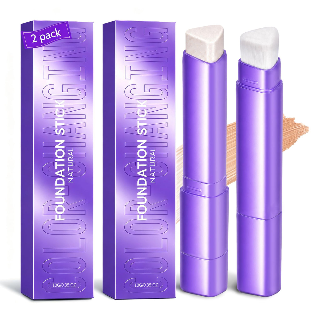 2Pcs Foundation Stick,2-in-1 Color Changing Foundation Stick with Brush – Natural Finish, Buildable Coverage, Moisturizing Long-Lasting Makeup for Mature Skin & All Types