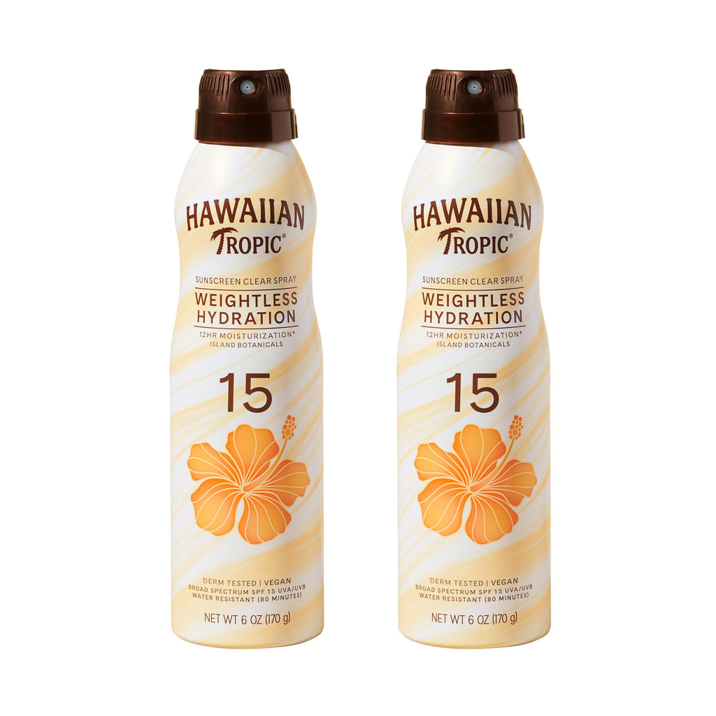 Hawaiian Tropic Weightless Hydration SPF 30 Sunscreen Spray, 6 Oz (2 Pack) | Clear body sunscreen, Lightweight texture, Water resistant sunblock, Continuous spray application, 12 hour hydration