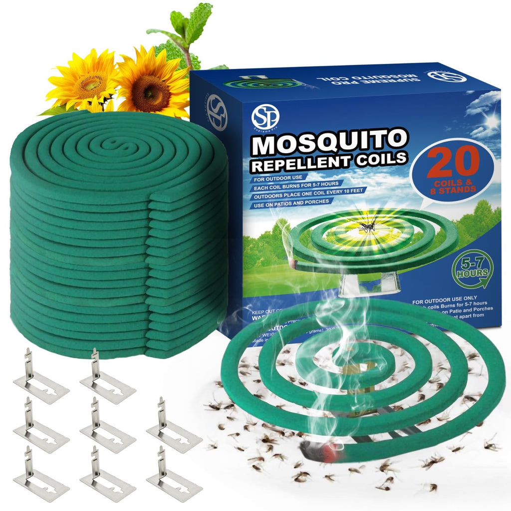 Mosquito Repellent Coils - Outdoor Use Reaches Up to 10 feet - Each Burns for 5-7 Hours (20 coils & 8 Coil Stands) for Patio Backyard