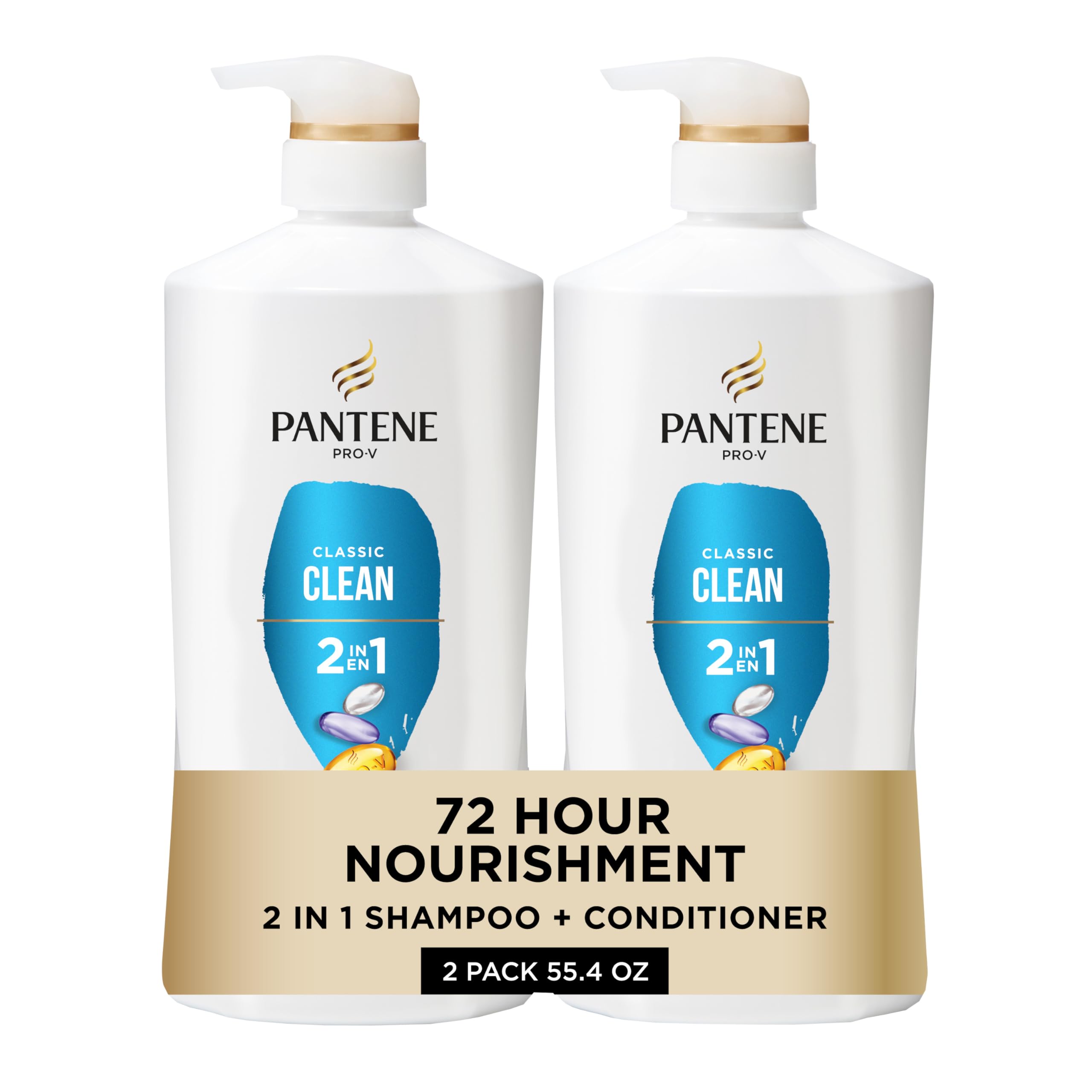 Pantene 2-in-1 Shampoo & Conditioner, Classic Clean - Pro-V Nutrients for Dry, Color-Treated Hair, Healthy Looking Hair Every Wash, Antioxidant-Rich, 27.7 Oz Each, 2-Pack + Rescue Shot (0.5 Oz)