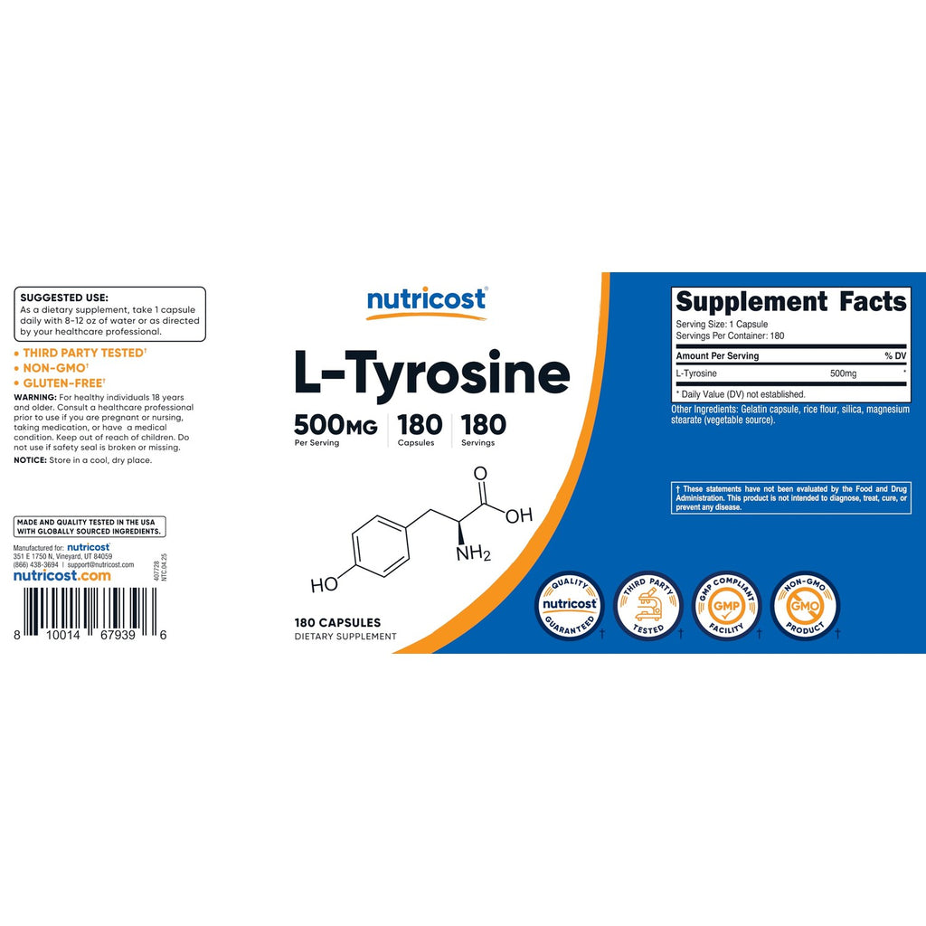 Nutricost L-Tyrosine Supplement 500mg, 180 Capsules, Gluten-Free, GMO-Free