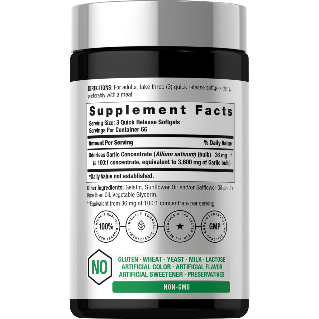 Horbäach Odorless Garlic Softgel Supplement | 200 Pills | Ultra Potent Concentrated Herbal Extract | Non-GMO & Gluten Free