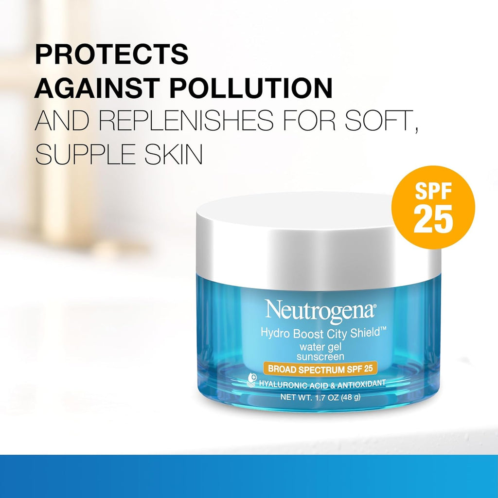 Buy now Neutrogena Hydro Boost City Shield Water Gel Face Moisturizer with Broad Spectrum SPF 25, Hydrating Facial Sunscreen with Hyaluronic Acid, Oil-Free and Non-Comedogenic Face Lotion, 1.7 oz at indiglob india
