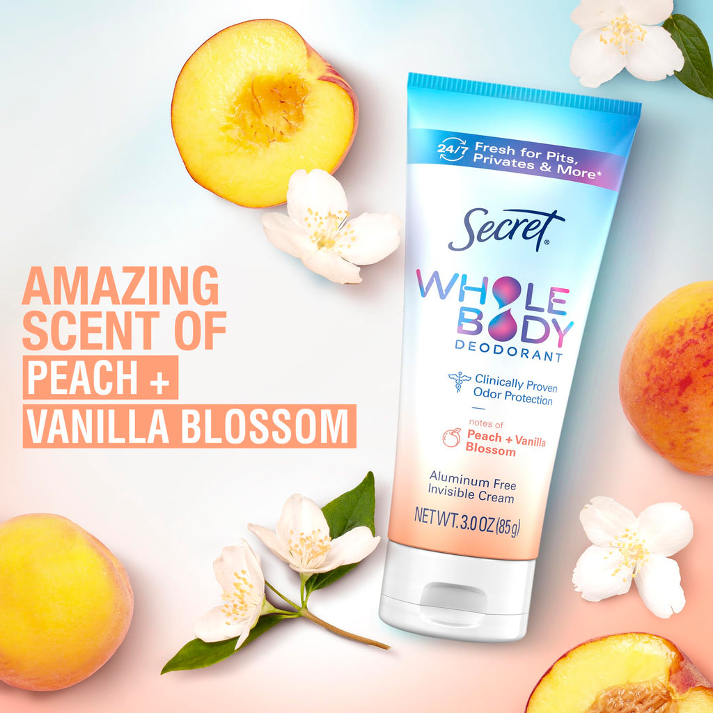 Secret Whole Body Deodorant Cream for Women, Travel Size, Peach & Vanilla Blossom Scent, Aluminum Free Deodorant, 72 HR Odor Protection, 0.8 oz (Pack of 2)
