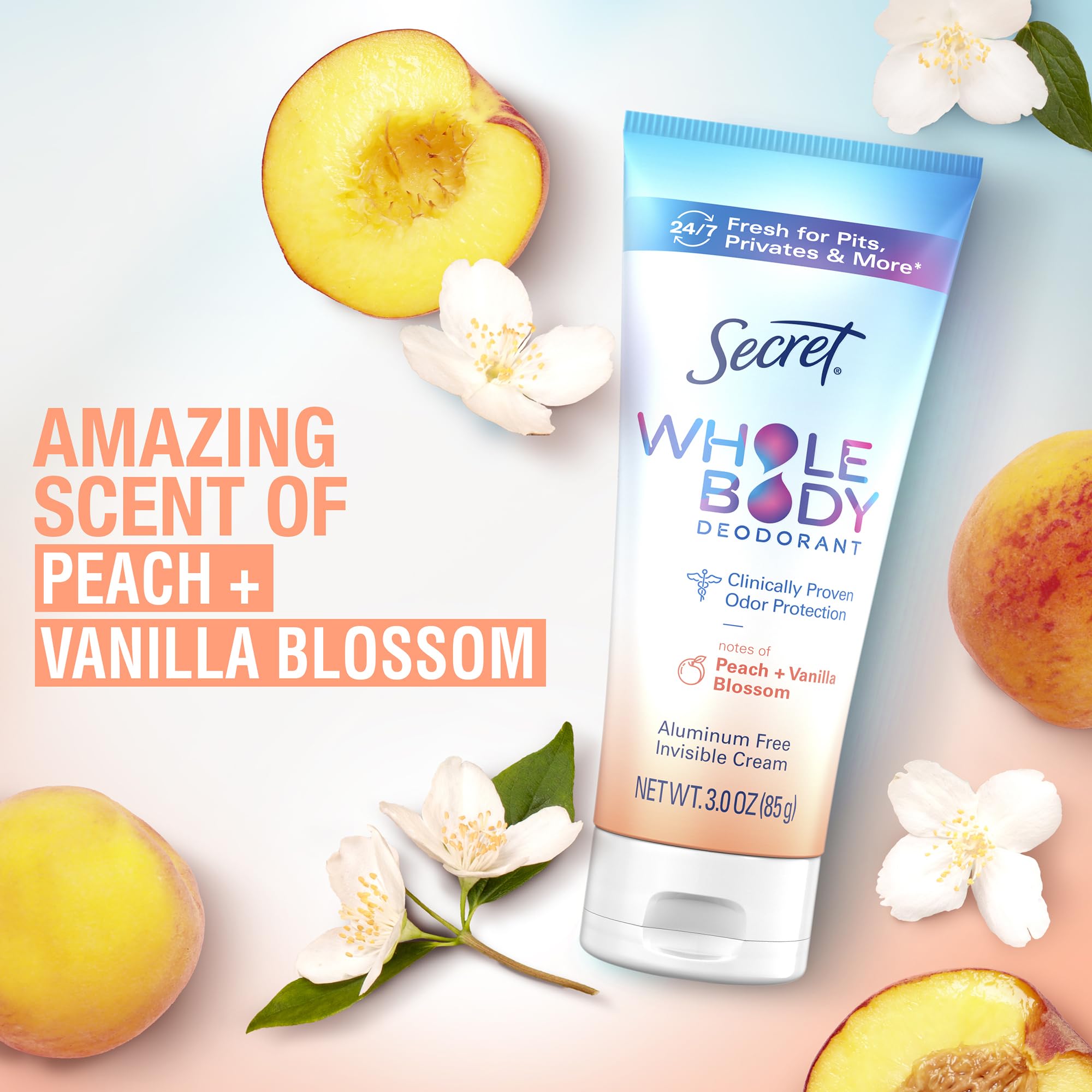 Secret Whole Body Deodorant Cream for Women, Travel Size, Peach & Vanilla Blossom Scent, Aluminum Free Deodorant, 72 HR Odor Protection, 0.8 oz (Pack of 2)