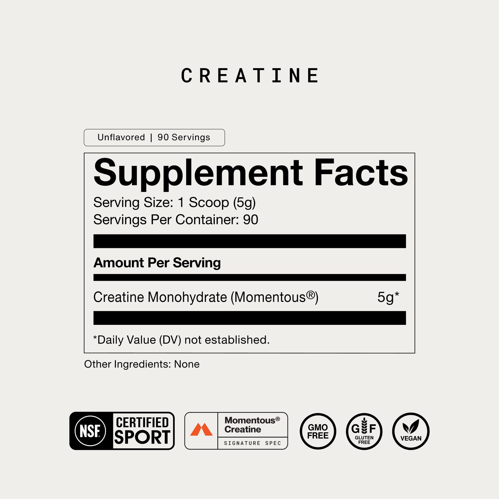 Momentous Creatine Monohydrate Powder, 5g per Serving, Unflavored | Supports Lean Muscle, Strength, Recovery, & Cognitive Function, NSF Certified for Sport, Non-GMO & Gluten-Free (90 Servings)