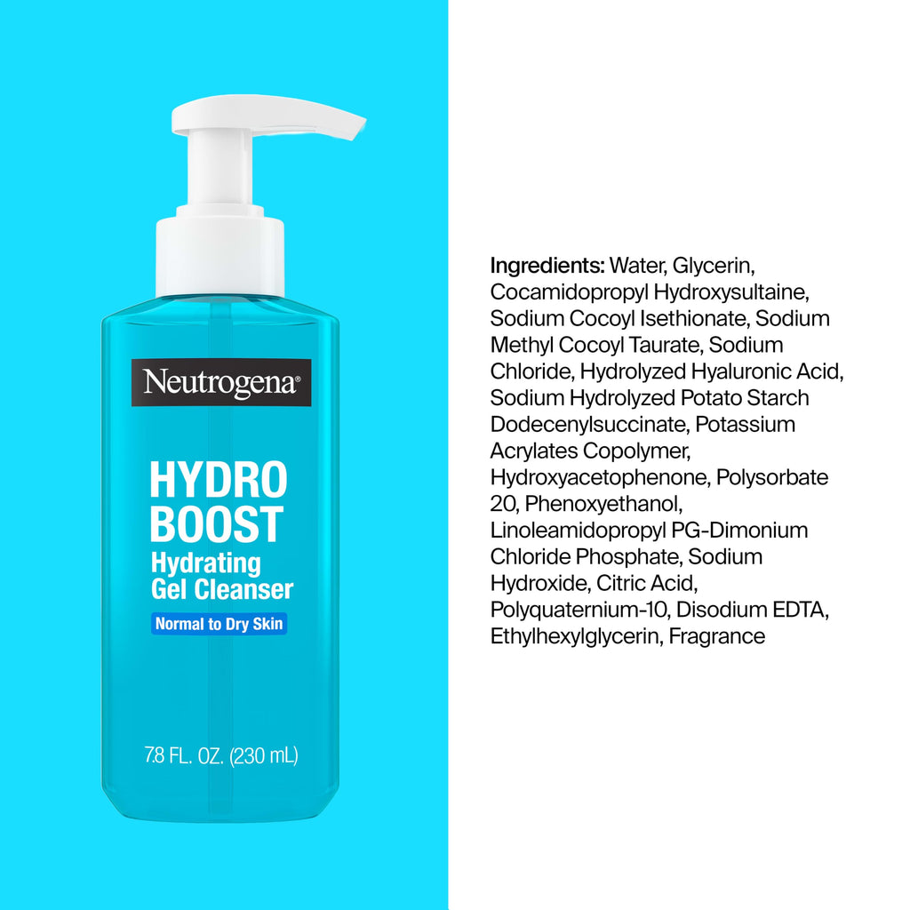 Neutrogena Hydro Boost Hydrating Face Wash & Makeup Remover, 7.8 fl. oz | Gentle Facial Cleanser Gel, With Hyaluronic Acid, Locks in Moisture, Hypoallergenic, Oil-Free, Soap-Free