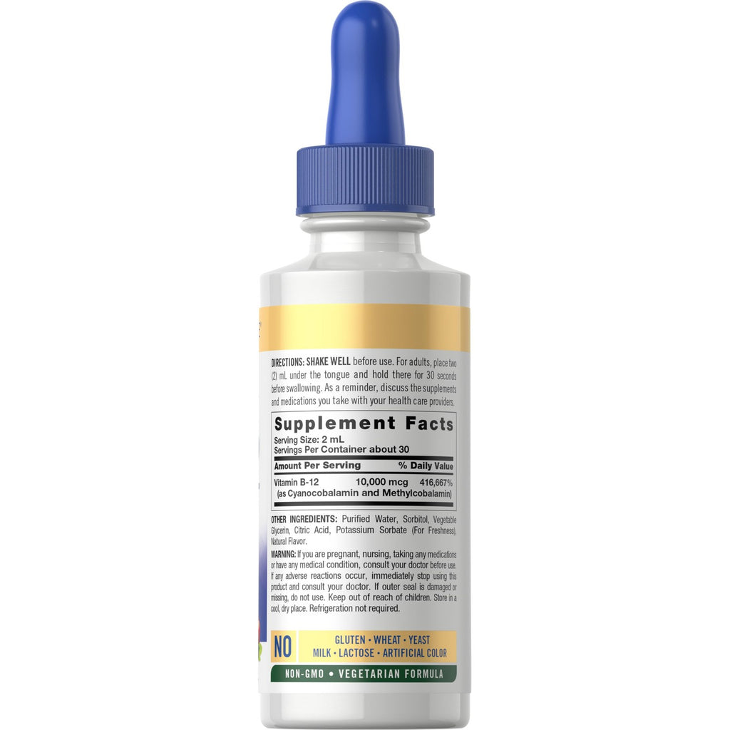 Carlyle Vitamin B12 Sublingual Liquid Drops | 10,000 mcg | 2 fl oz | As Cyanocobalamin and Methylcobalamin | Vegetarian, Non-GMO and Gluten Free
