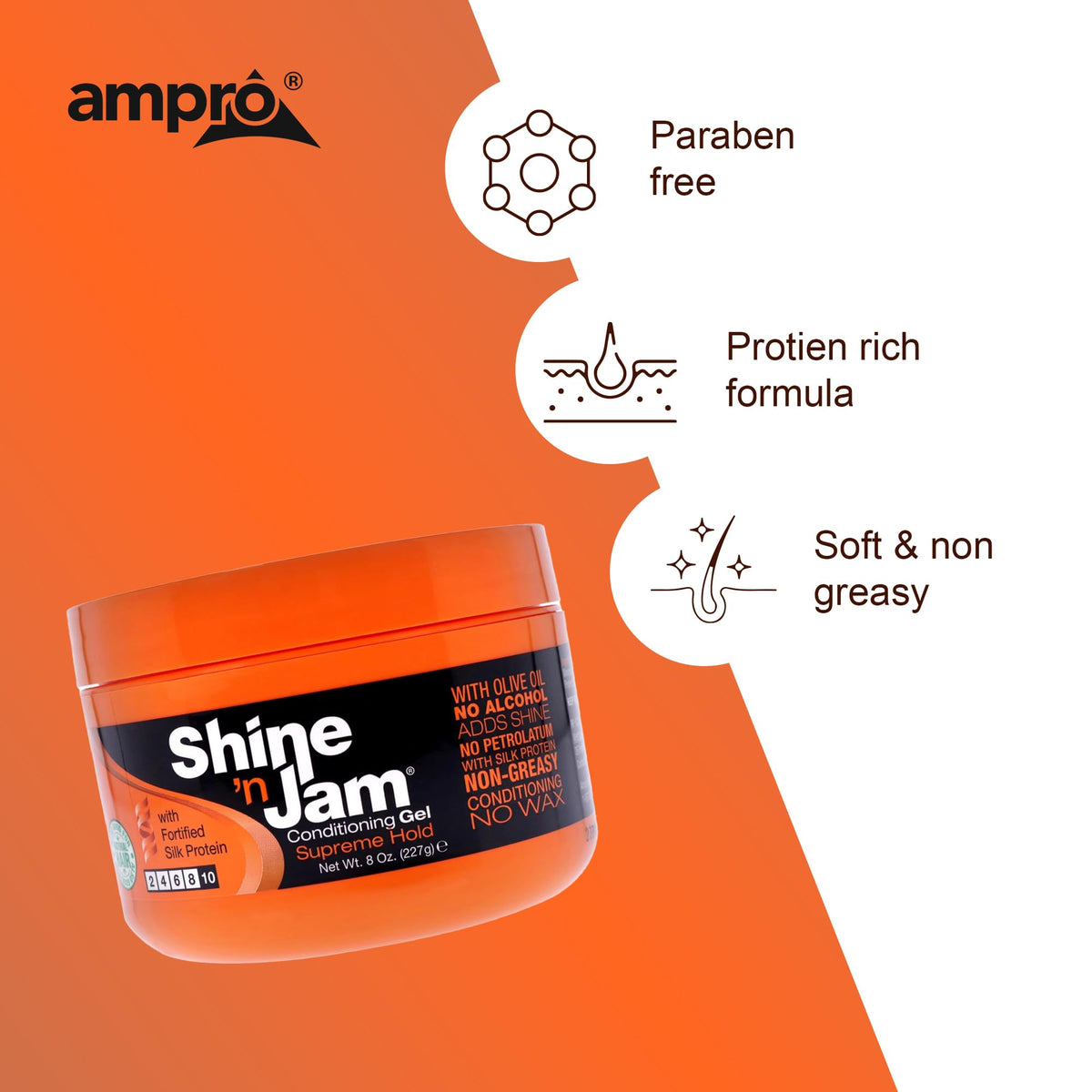 Shine 'n Jam Ampro Supreme Hold - Conditions Hair with Olive Oil and Silk Protein - Great for Smoothing Fringe, Ponytails, and Up-dos - Firms Tresses with Non-Greasy Shine - 8 oz