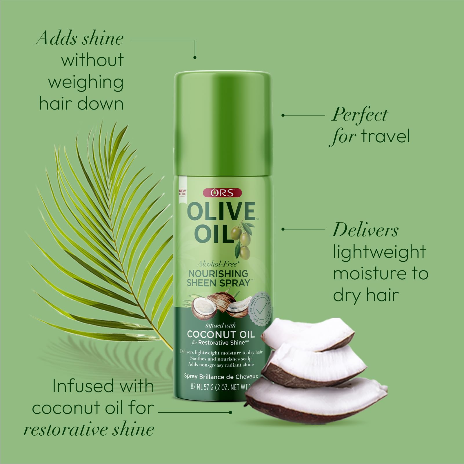ORS Olive Oil Nourishing Sheen Spray with Coconut Oil for Restorative Shine 2 Ounces - Travel Size
