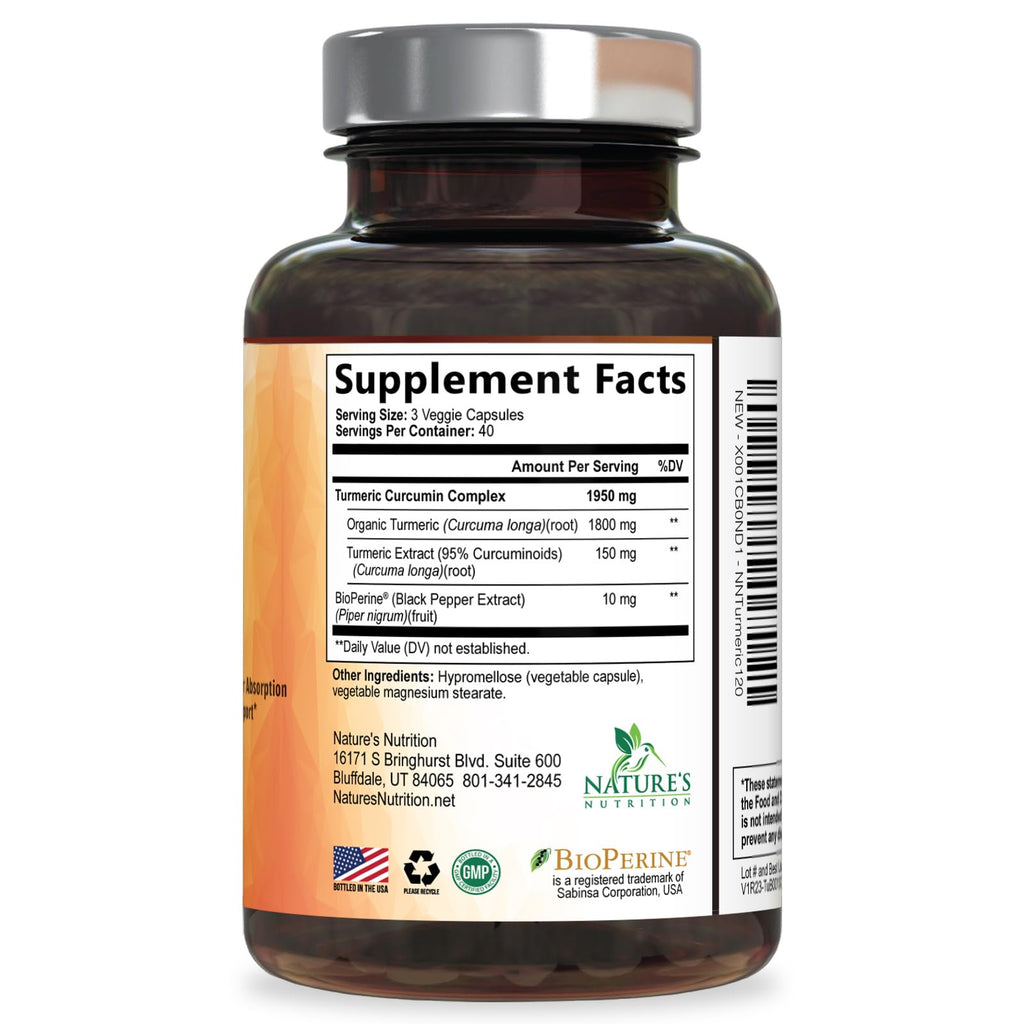 Turmeric Curcumin Supplement 95% Curcuminoids 1950mg with Organic Turmeric & BioPerine Black Pepper Extract for Best Absorption, Natural Vegan Joint Support, Non-GMO, Bottled in USA - 120 Capsules