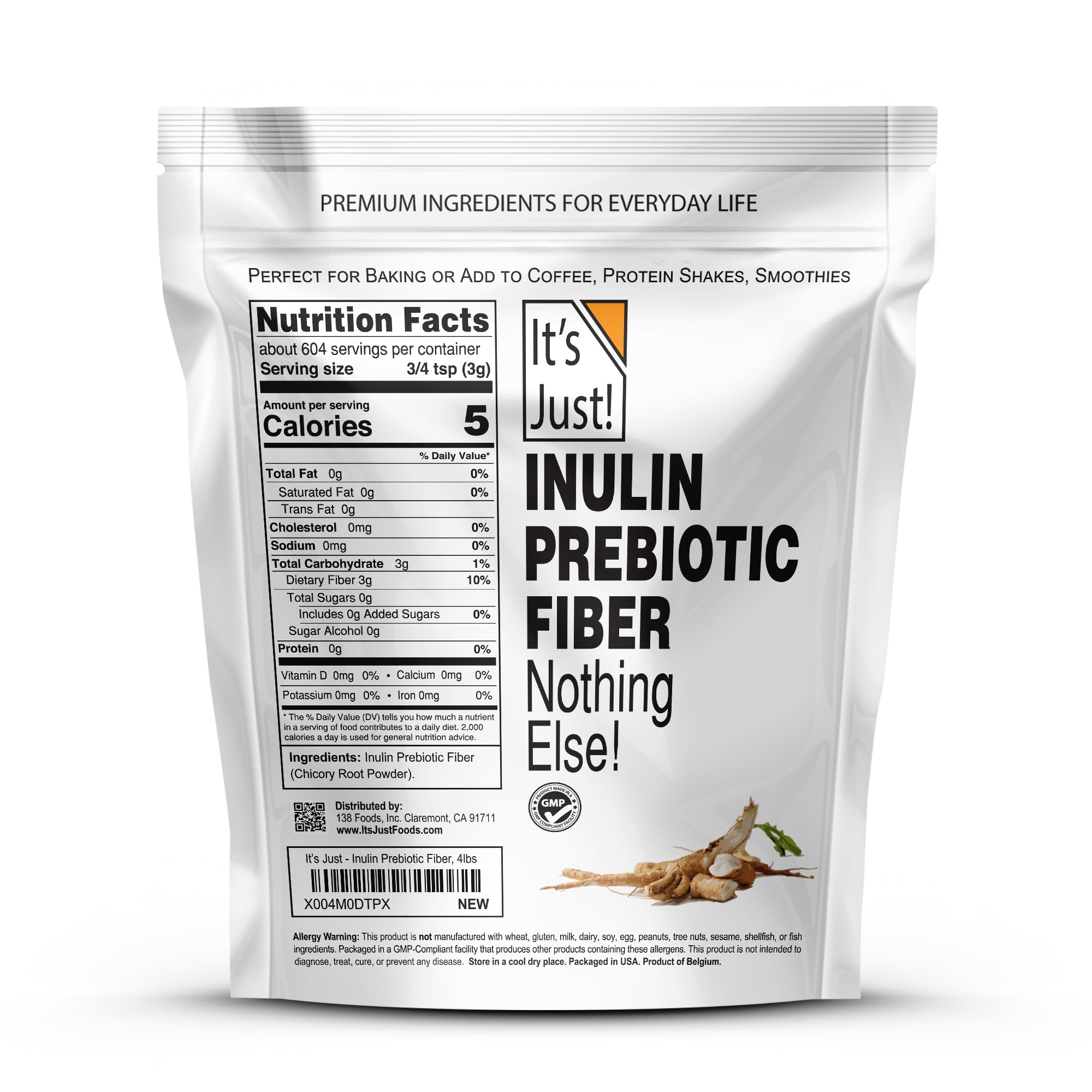 It's Just! - Inulin Prebiotic Fiber Sweetener, Product of Belgium, Chicory Root Powder (4 Pound (Pack of 1))