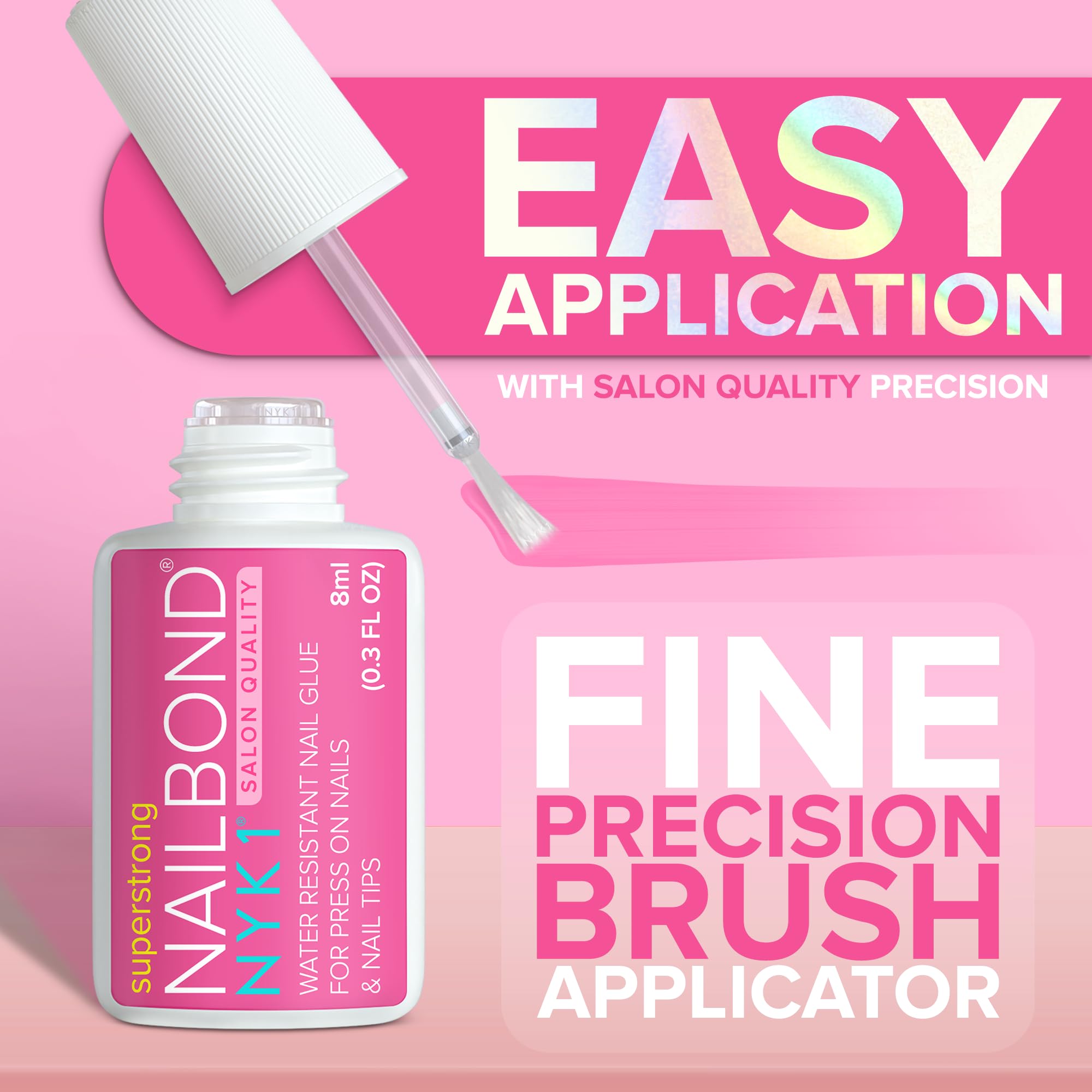 NYK1 Super Strong Nail Glue for Press On Nails, Nail Tips & Acrylics | 8ml | NailBond Brush On Nail Glue for Press Ons, Fake Nails & Acrylic Nails - Long Lasting, Max Strength, Mess-Free Application