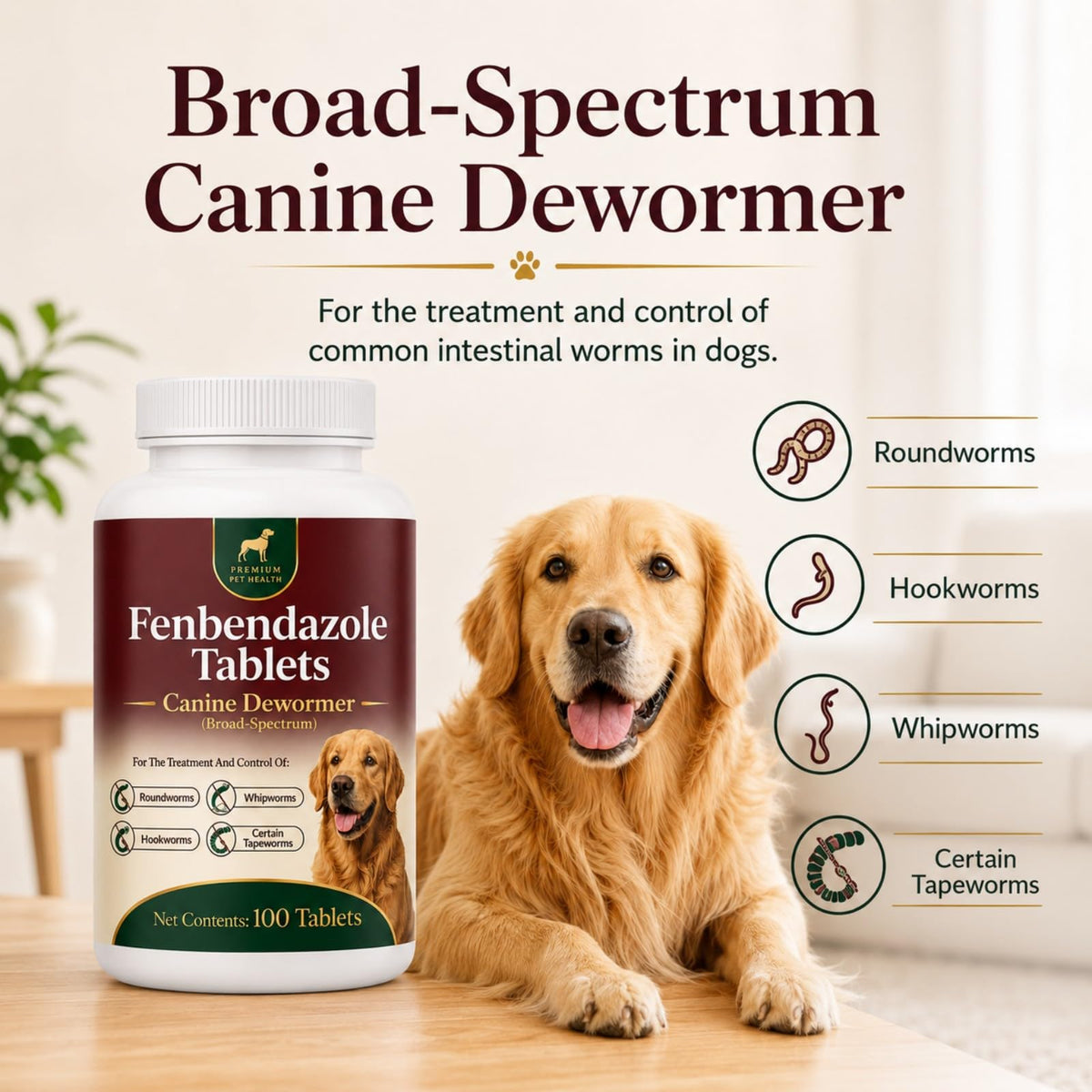 Canine Dewormer for Dogs (fenbendazole),for Treatment and Control of Tapeworms, Roundworms, Hookworms and Whipworms,100 Tablets, 100 mg per Tablet, Oral Tablets with Weight-Based Directions