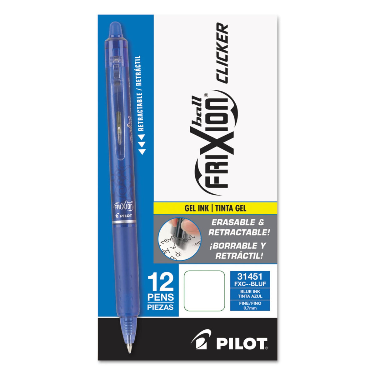 PILOT FriXion Clicker Erasable Gel Ink Pens, 0.7mm, Blue Ink, 12-Pack