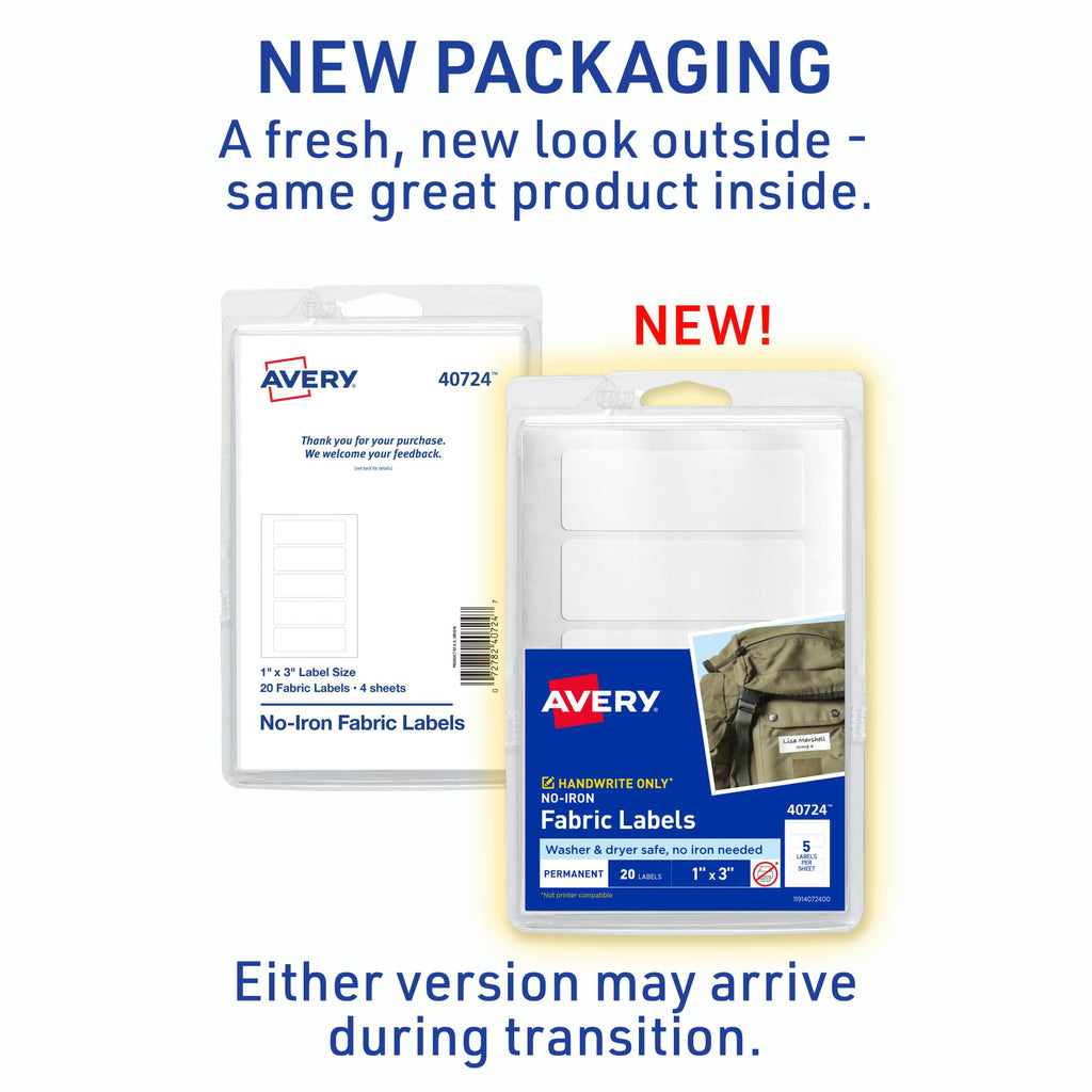 Avery No-Iron Fabric Labels, 1" x 3", Washer and Dryer-Safe Waterproof Labels, Non-Printable, 20 Total (40724)